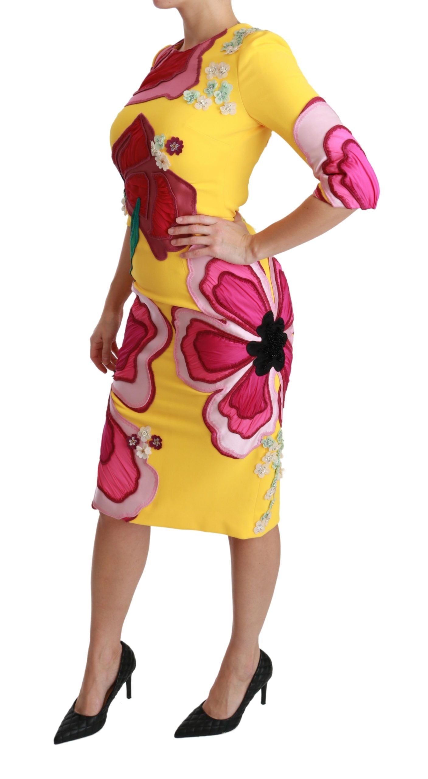 Dolce & Gabbana Yellow Floral Crystal Bodycon Sheath Dress LUNESCAPE