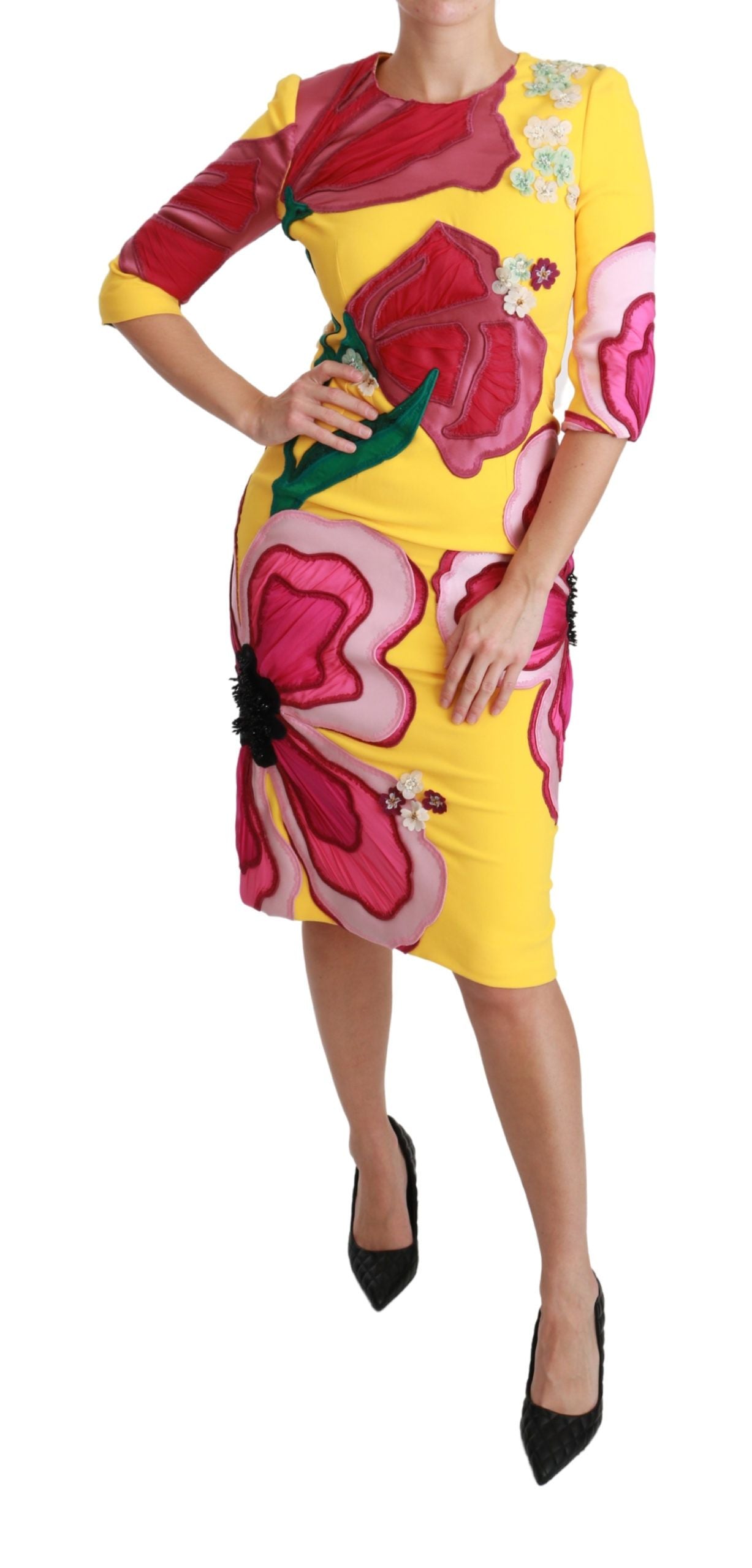 Dolce & Gabbana Yellow Floral Crystal Bodycon Sheath Dress LUNESCAPE