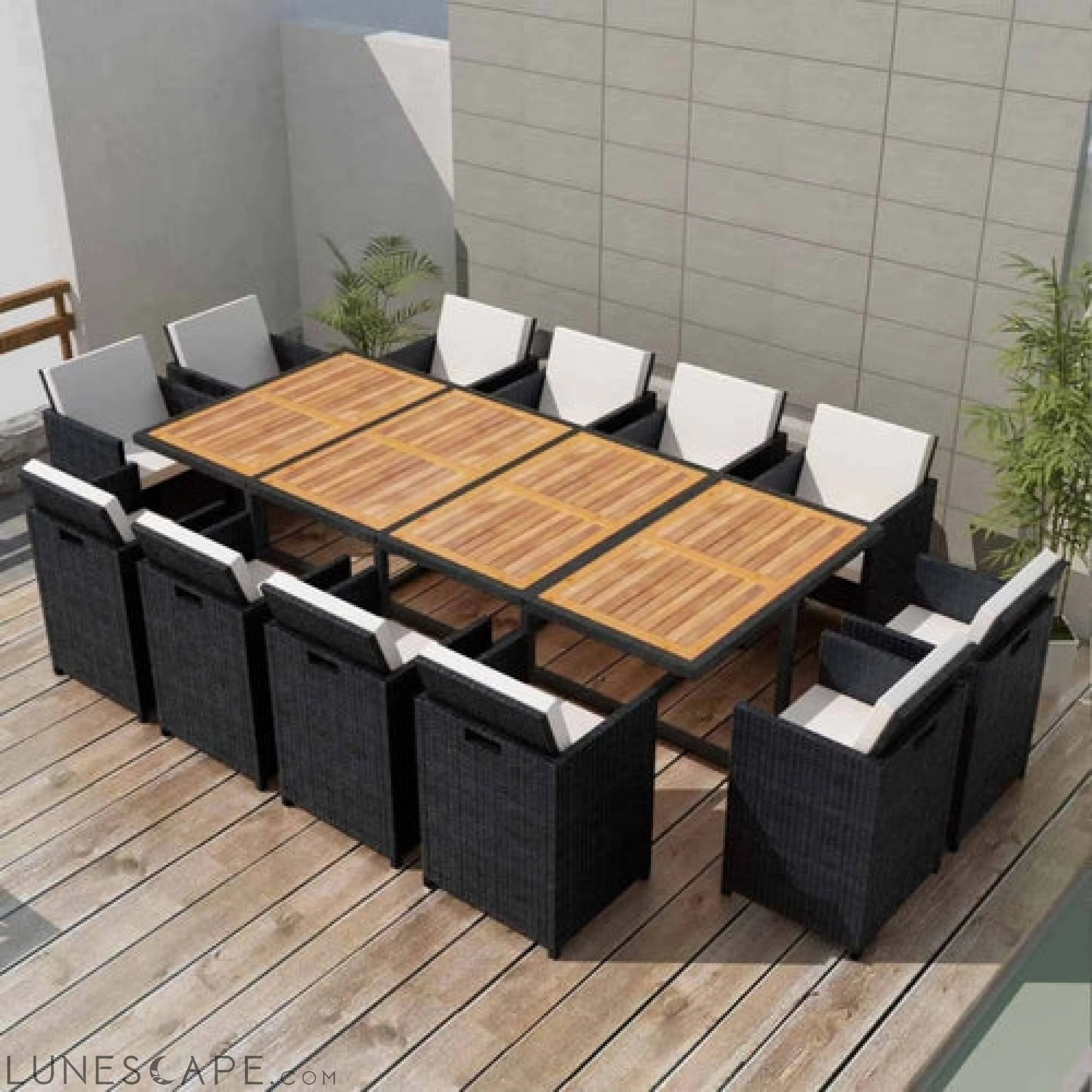 13 Piece Outdoor Dining Set with Cushions Poly Rattan Black LUNESCAPE