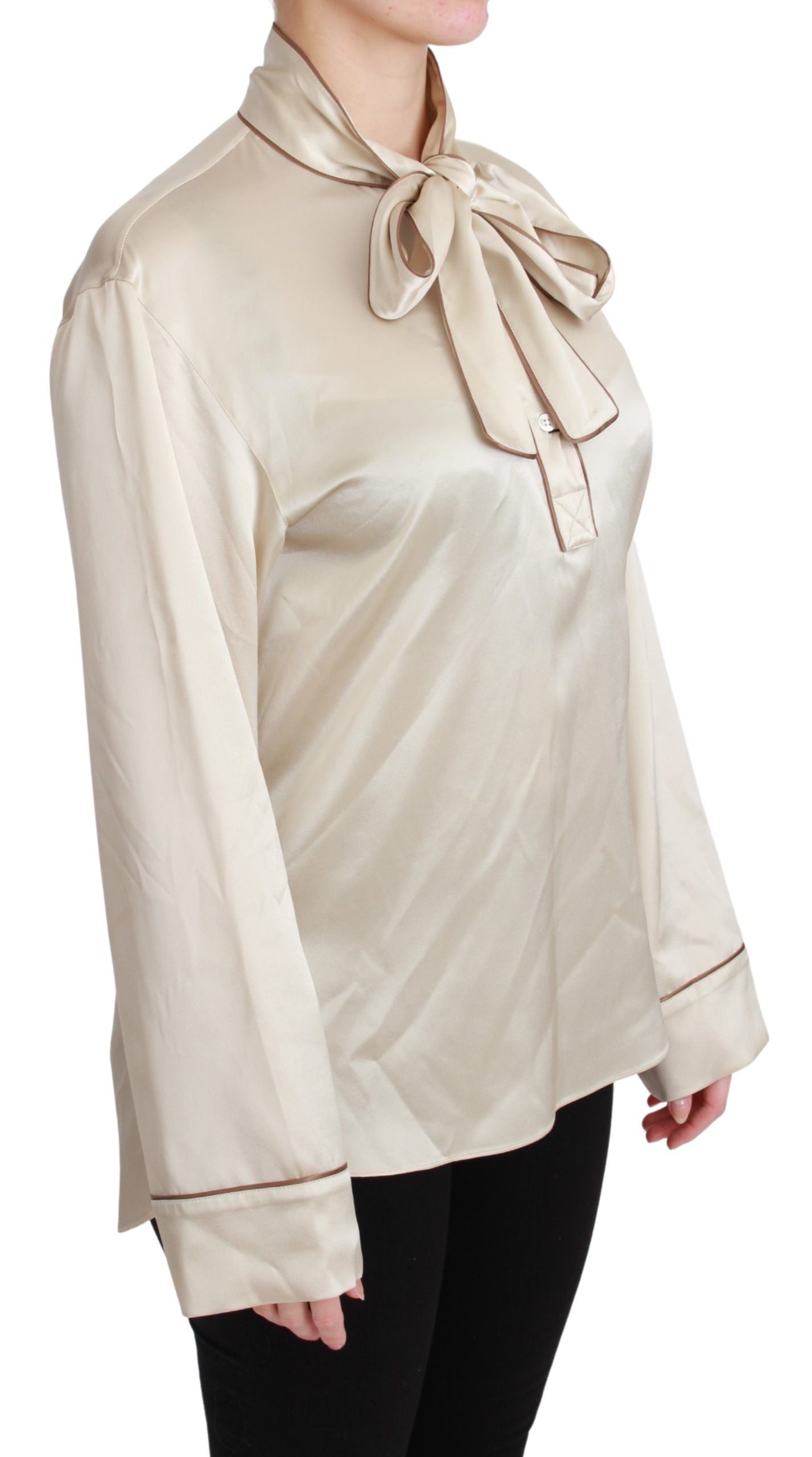 Dolce & Gabbana Elegant Beige Silk Satin Blouse with QUEEN Embroidery LUNESCAPE