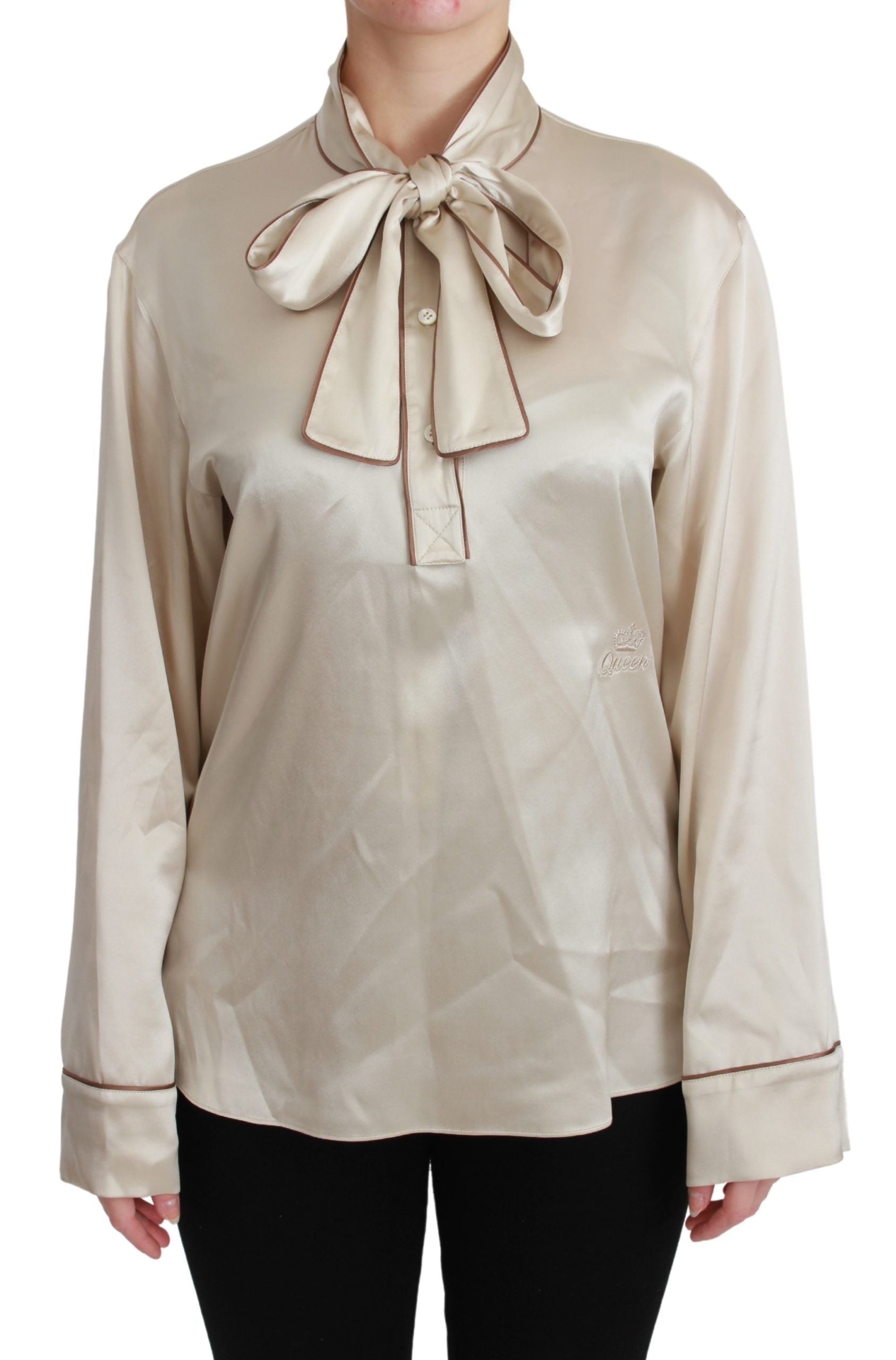 Dolce & Gabbana Elegant Beige Silk Satin Blouse with QUEEN Embroidery LUNESCAPE