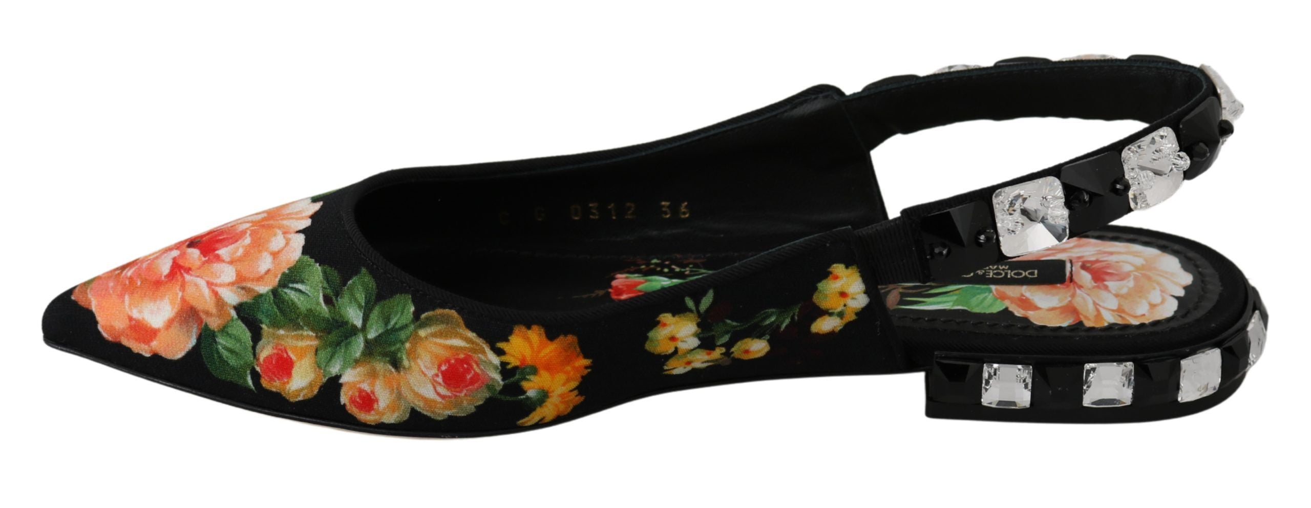 Dolce & Gabbana Black Floral Crystal Slingbacks Flats Shoes LUNESCAPE