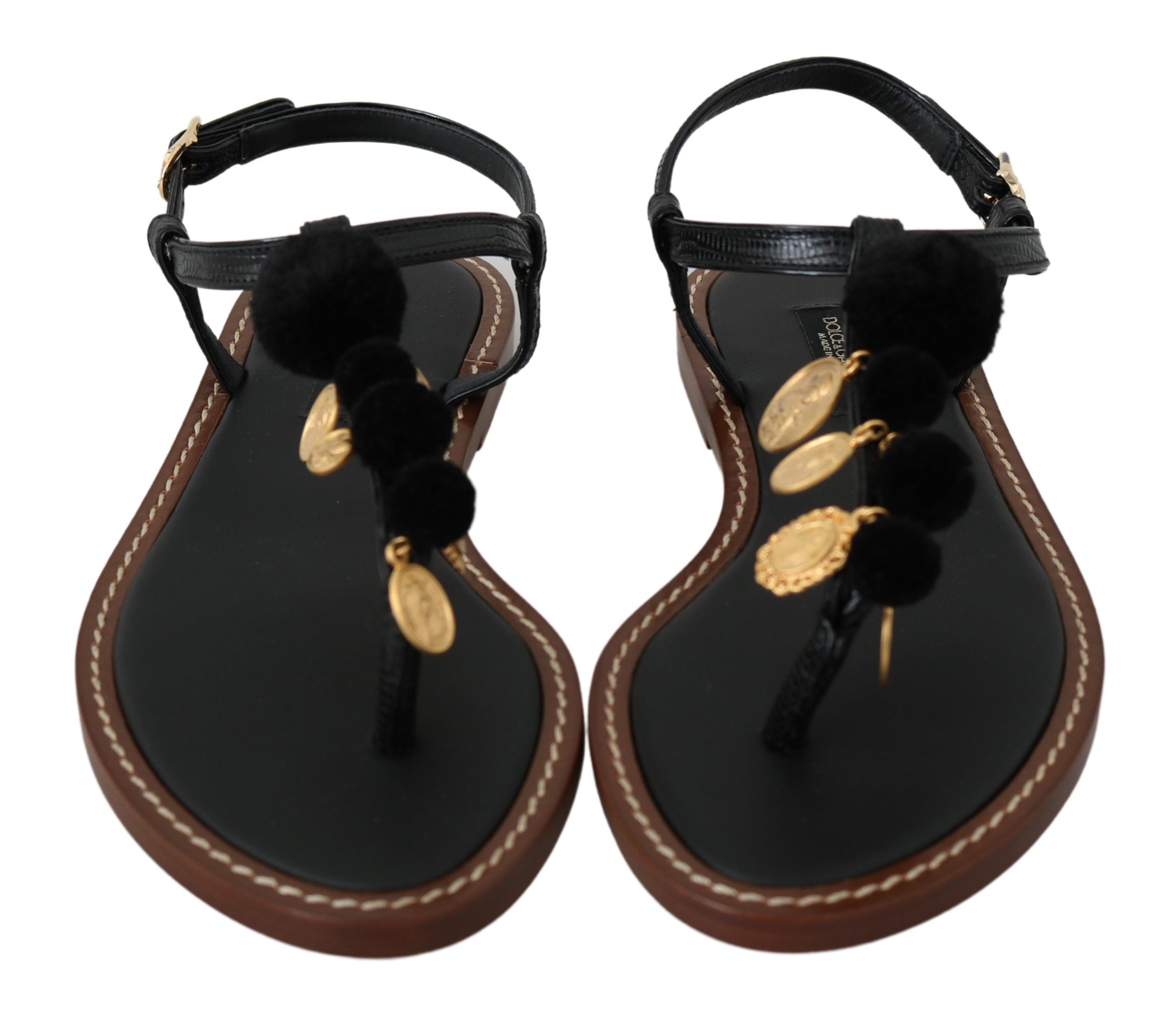 Dolce & Gabbana Black Leather Coins Flip Flops Sandals Shoes LUNESCAPE