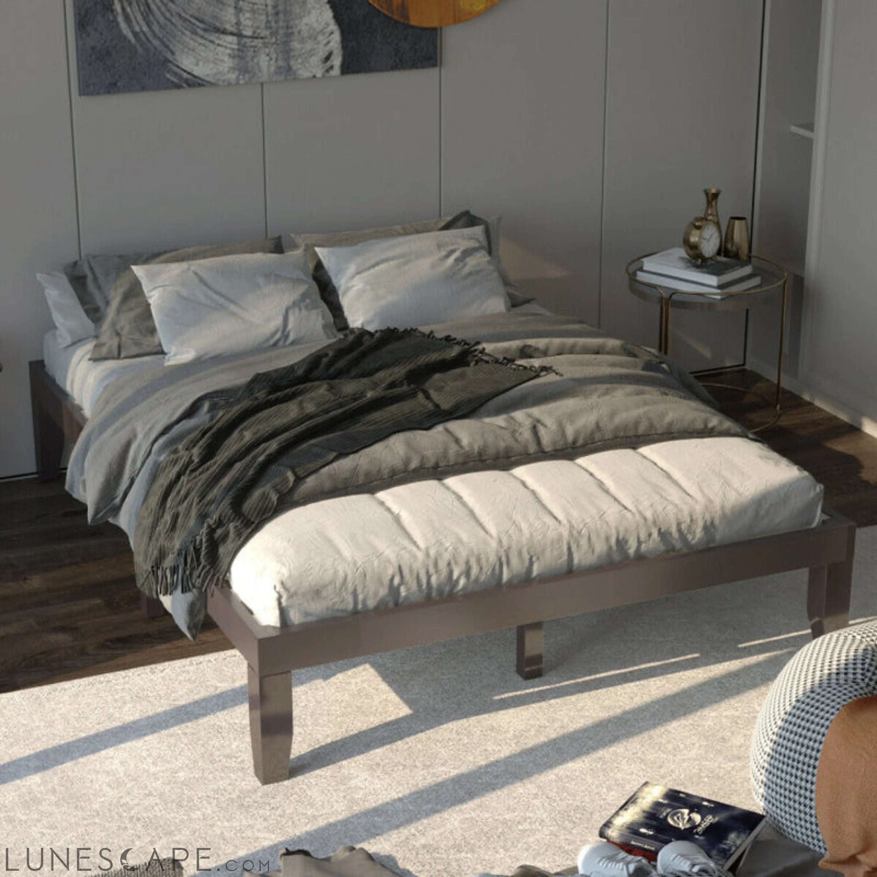 14 Inch Queen Size Rubber Wood Platform Bed Frame with Wood Slat LUNESCAPE