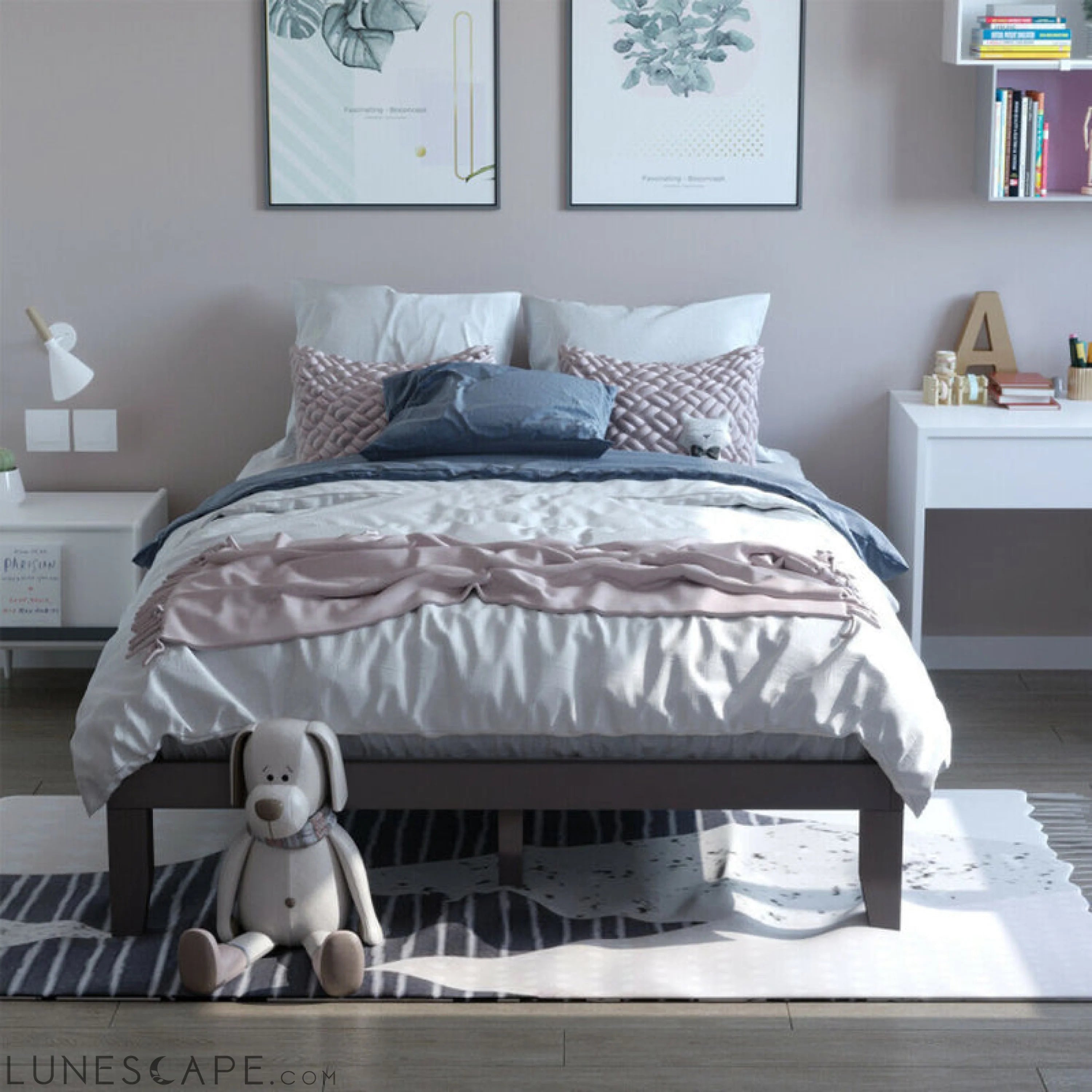 14 Inch Queen Size Rubber Wood Platform Bed Frame with Wood Slat LUNESCAPE