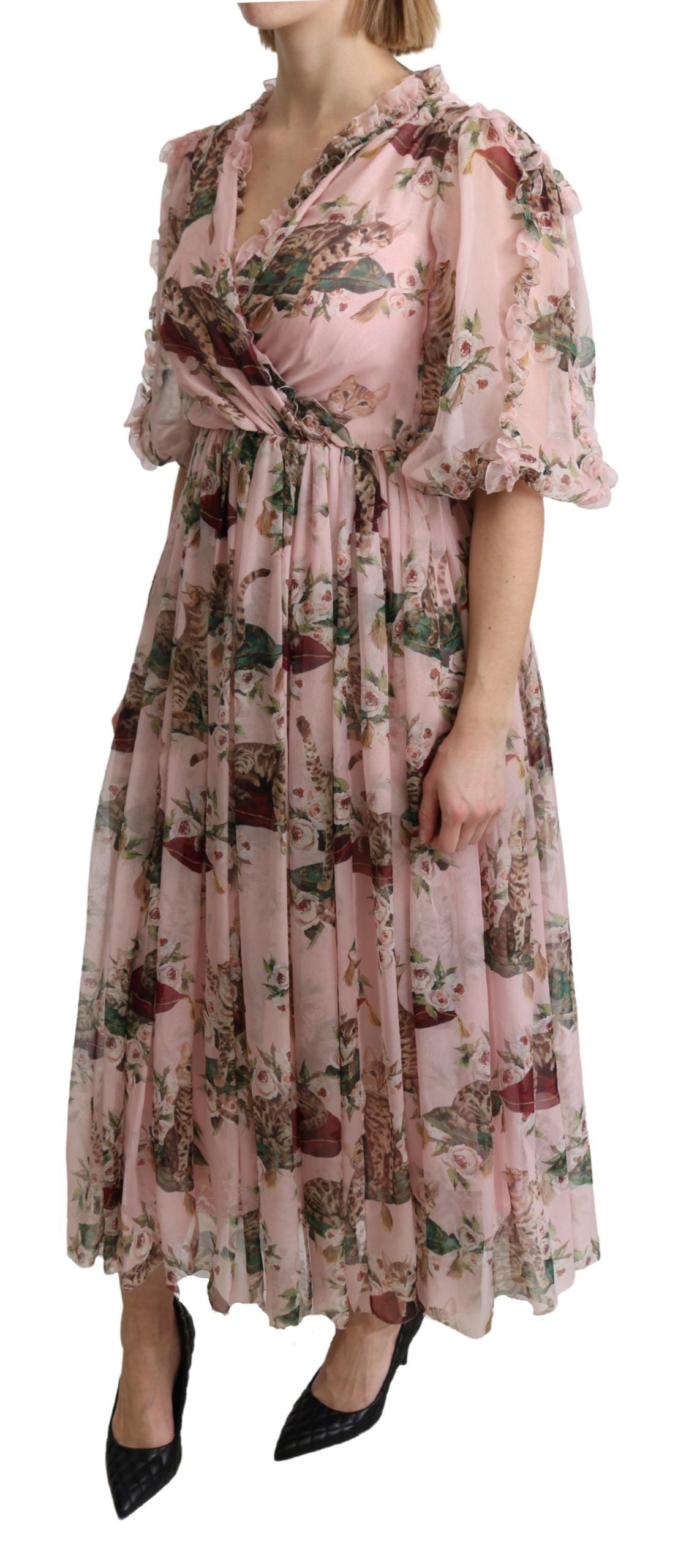 Dolce & Gabbana Pink Bengal Cat Print A-line Maxi Silk Dress