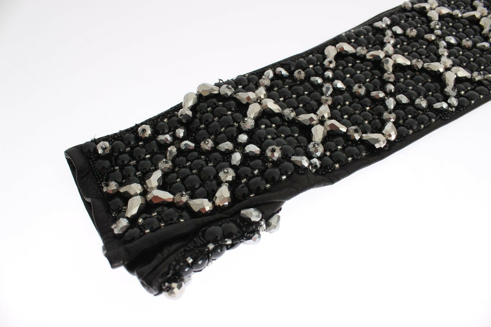Dolce & Gabbana Black Leather Crystal Beaded Finger Free Gloves LUNESCAPE