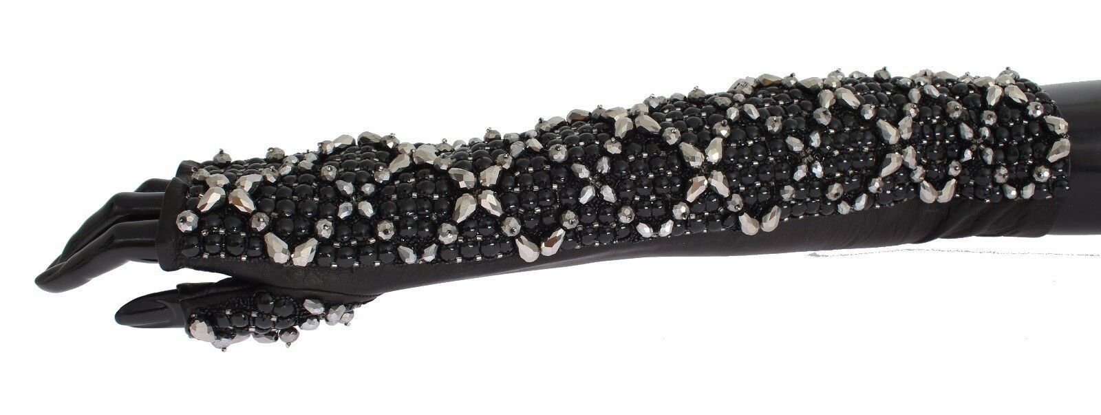 Dolce & Gabbana Black Leather Crystal Beaded Finger Free Gloves LUNESCAPE
