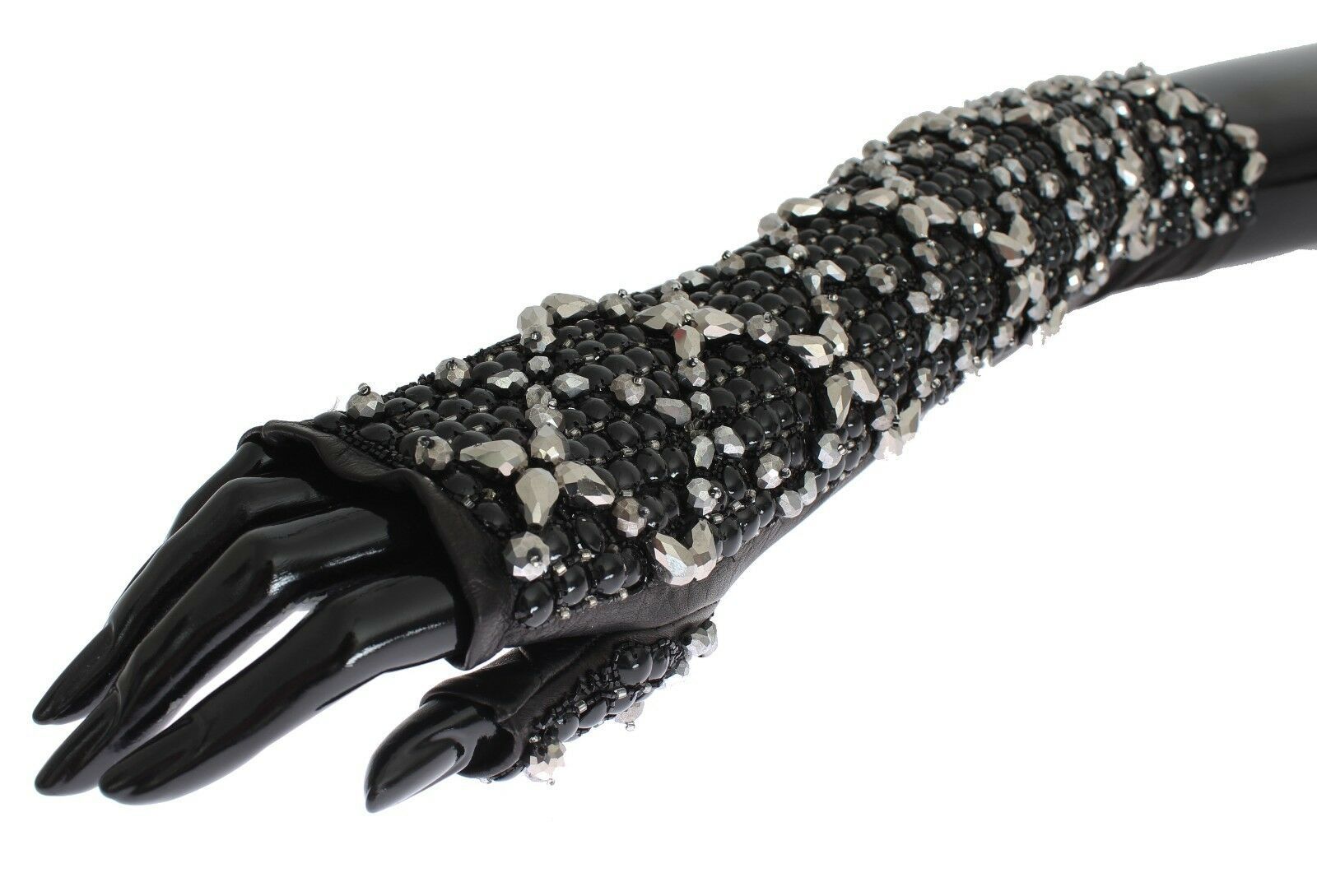 Dolce & Gabbana Black Leather Crystal Beaded Finger Free Gloves LUNESCAPE