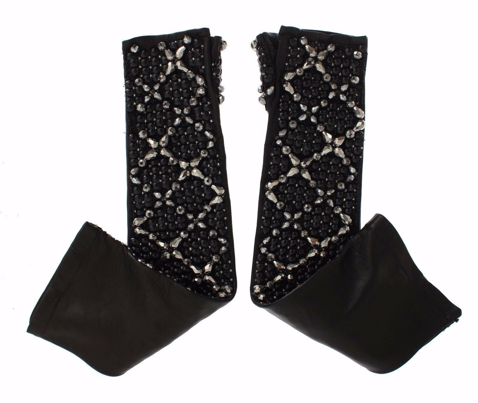 Dolce & Gabbana Black Leather Crystal Beaded Finger Free Gloves LUNESCAPE