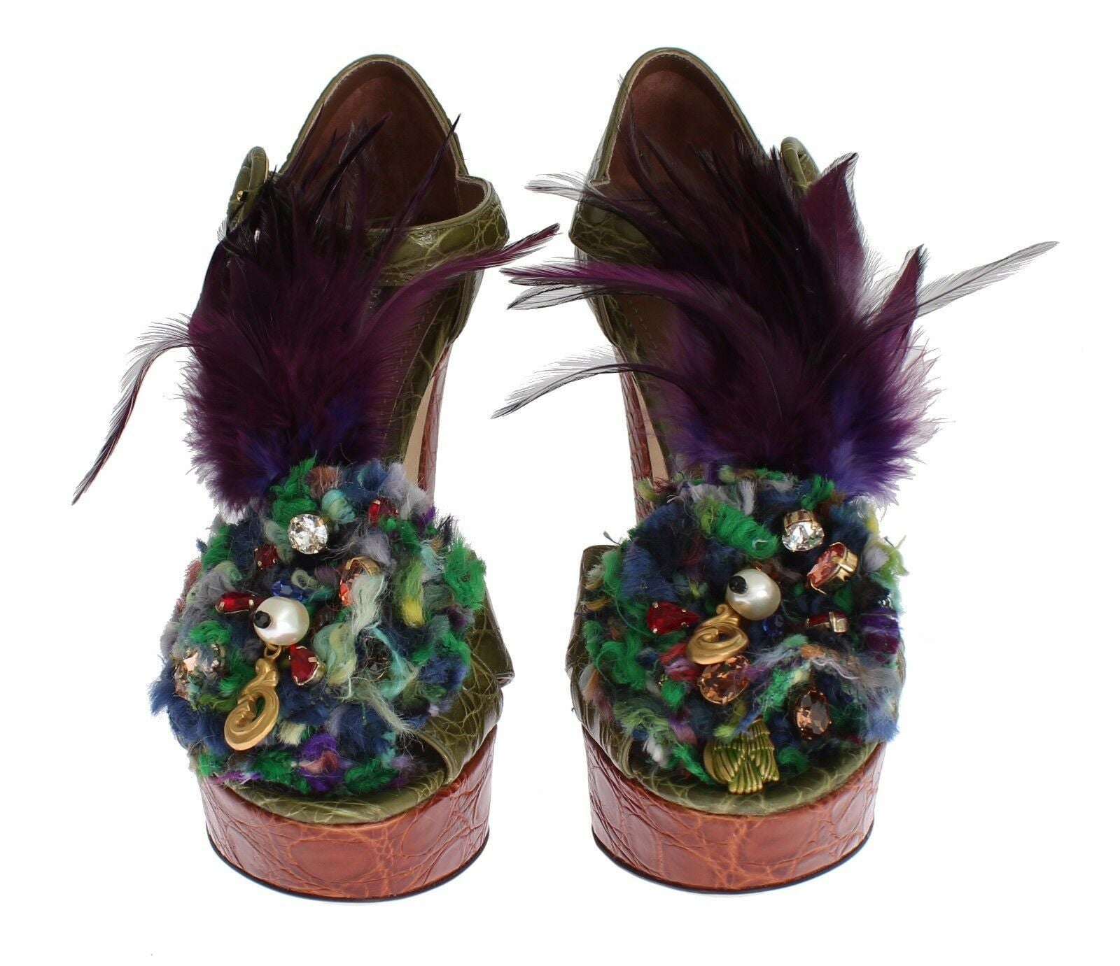 Dolce & Gabbana Green Leather Crystal Platform Sandal Shoes LUNESCAPE