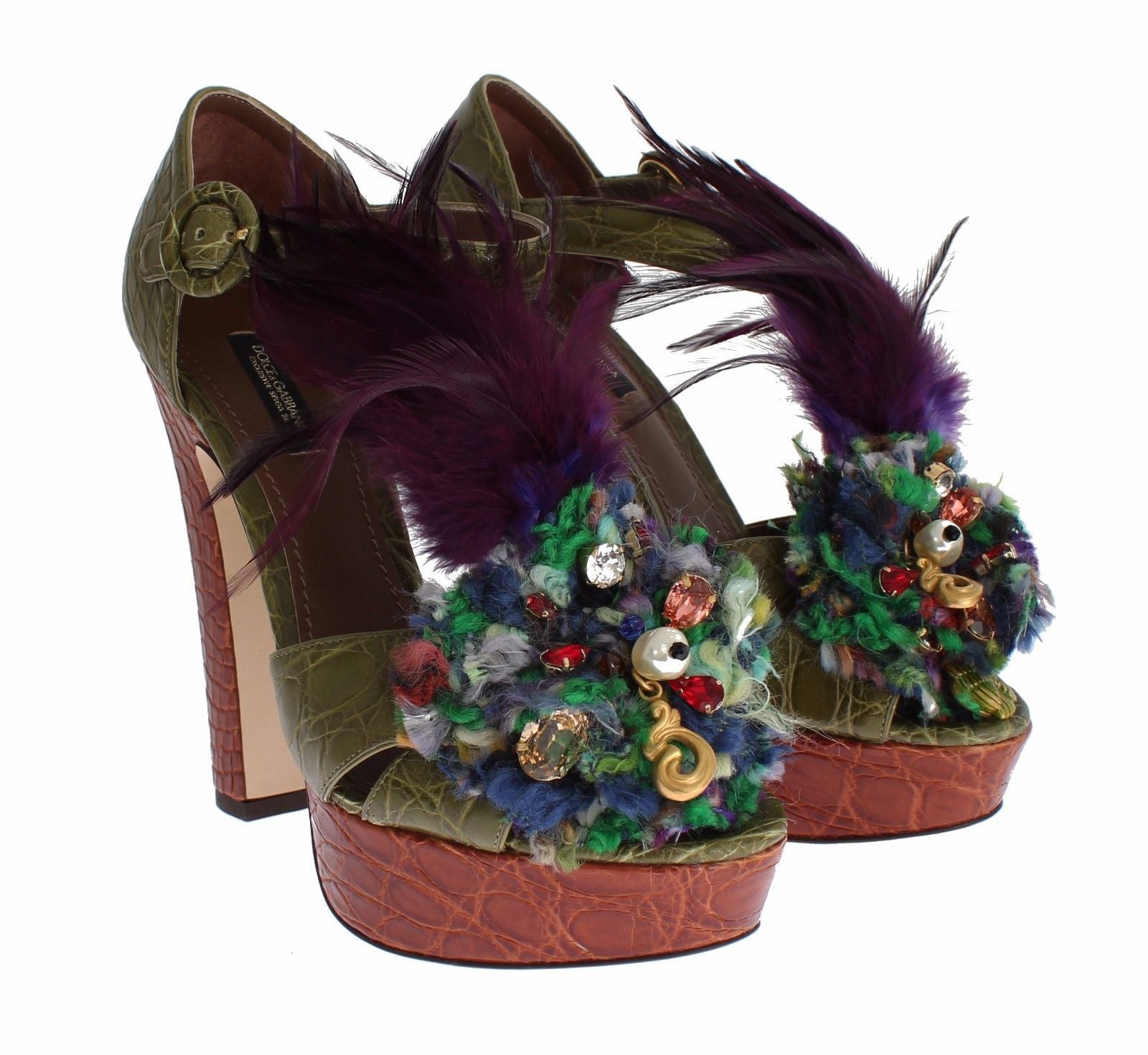 Dolce & Gabbana Green Leather Crystal Platform Sandal Shoes LUNESCAPE