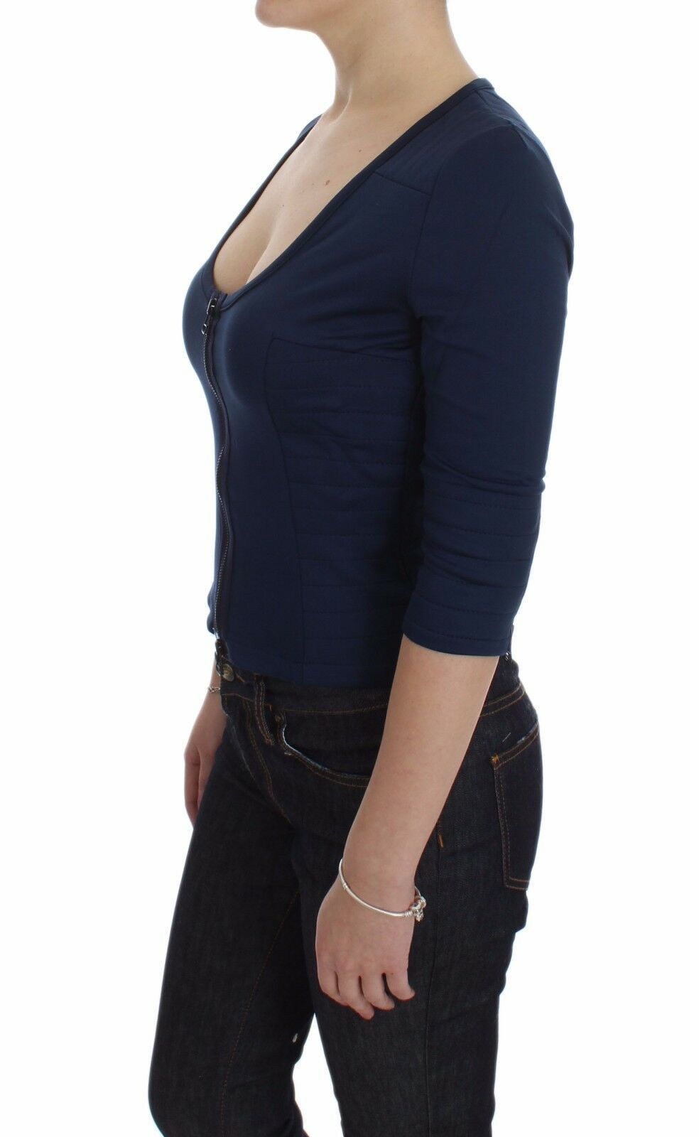 Exte Blue Cotton Top Zipper Deep Crew-neck Sweater LUNESCAPE