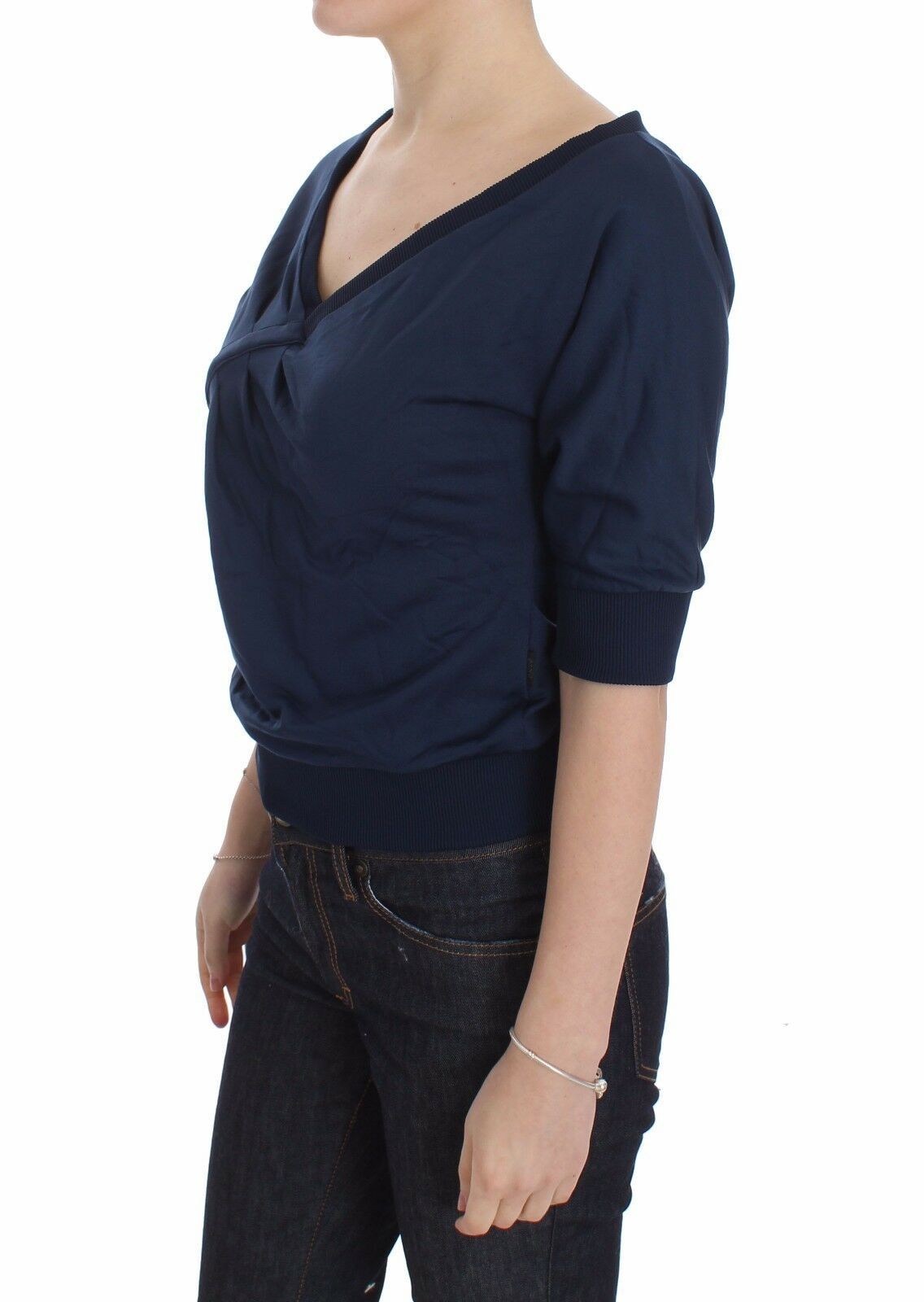 Exte Blue Cotton Top Pullover Deep V-neck Women Sweater LUNESCAPE