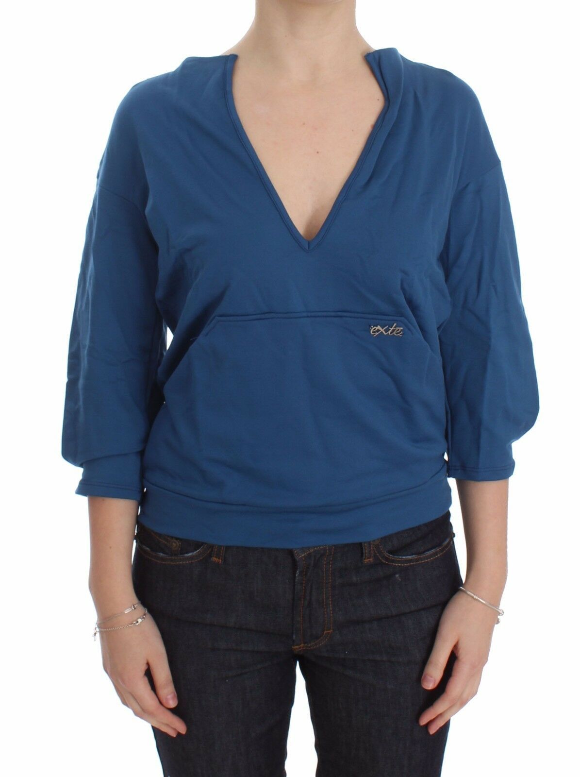 Exte Blue Cotton Top Pullover Deep V-neck Women Sweater LUNESCAPE