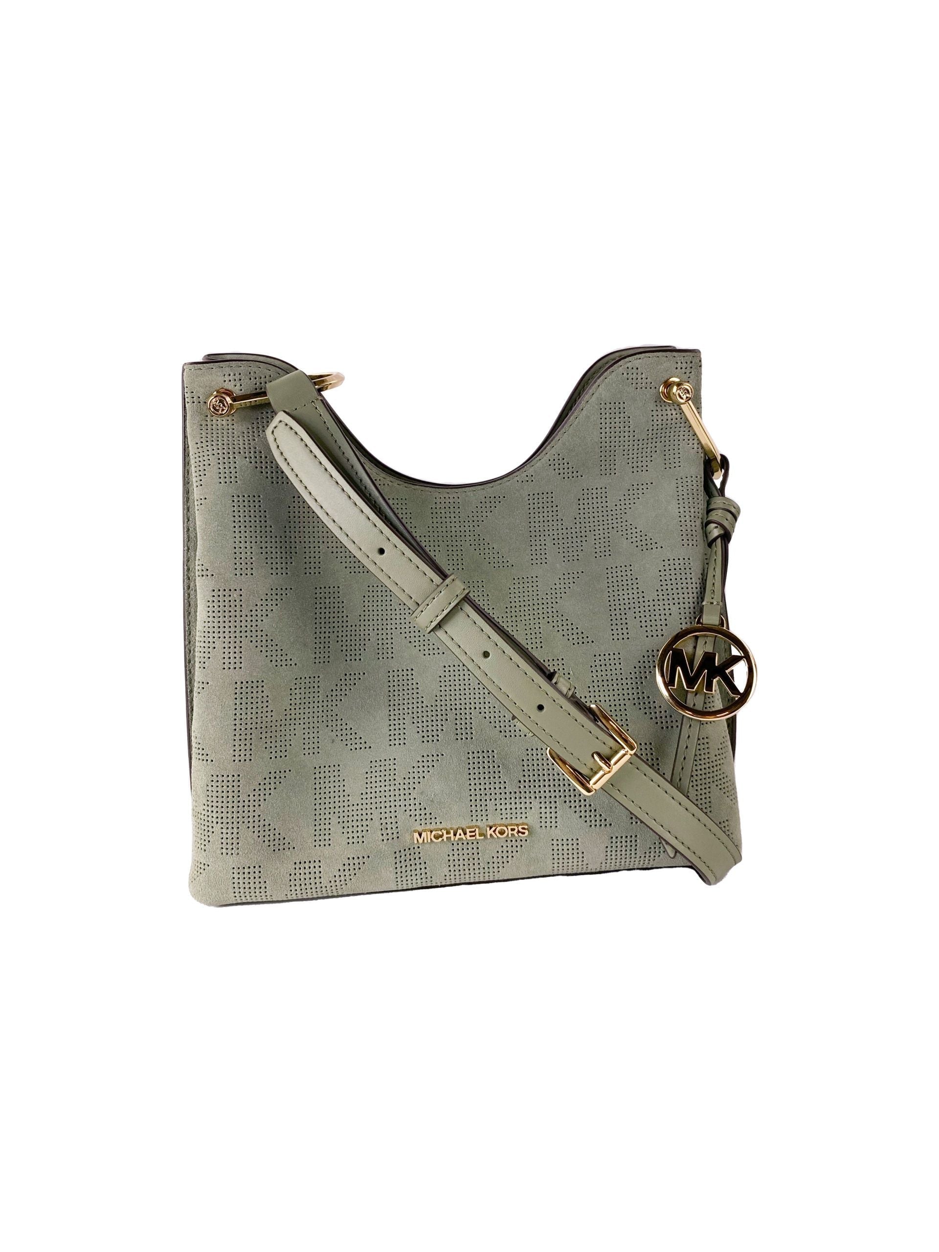 Michael Kors Joan Large Perforated Suede Leather Slouchy Messenger Handbag (Army Green) LUNESCAPE