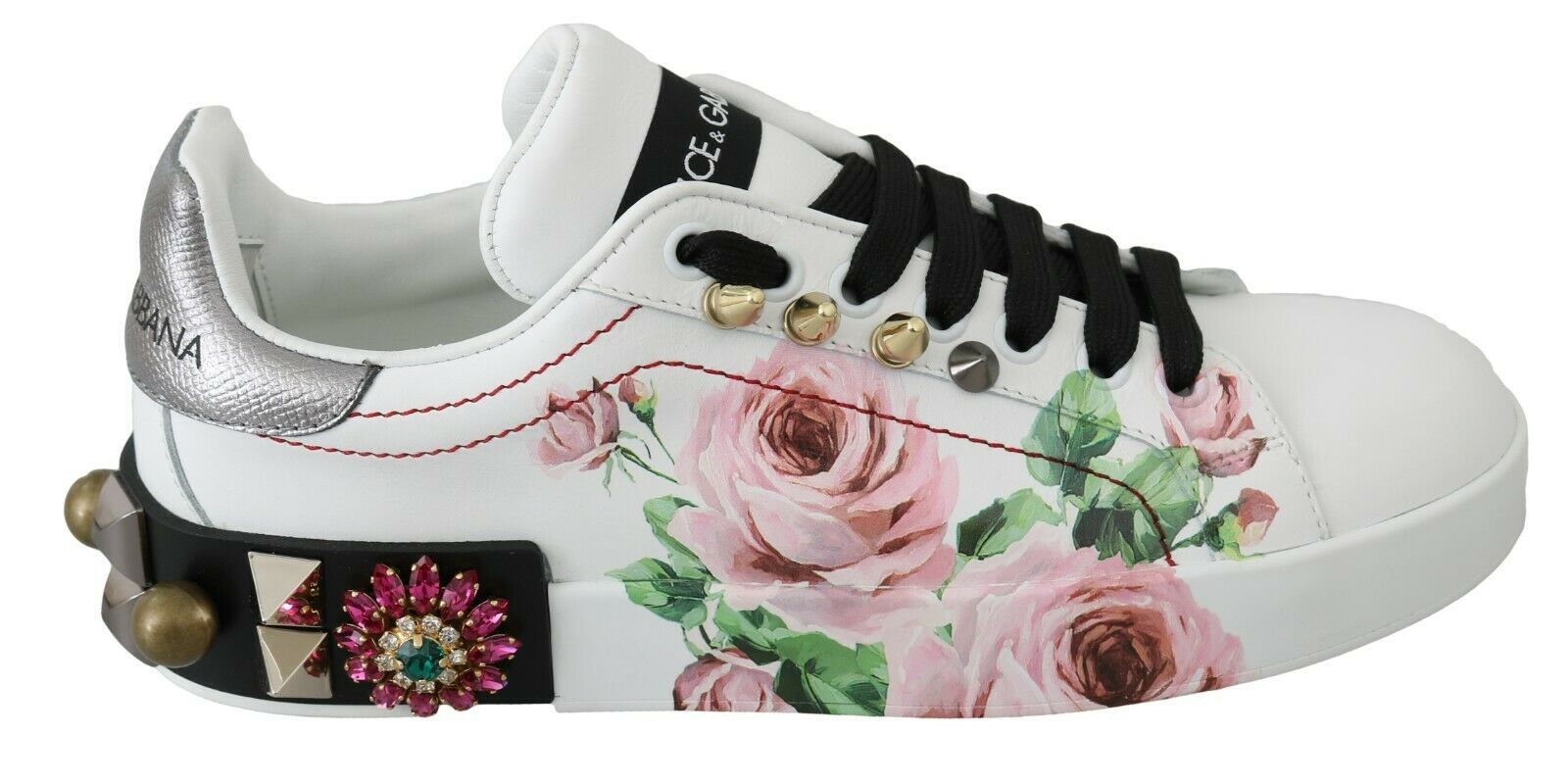 Dolce & Gabbana White Leather Crystal Roses Floral Sneakers Shoes LUNESCAPE
