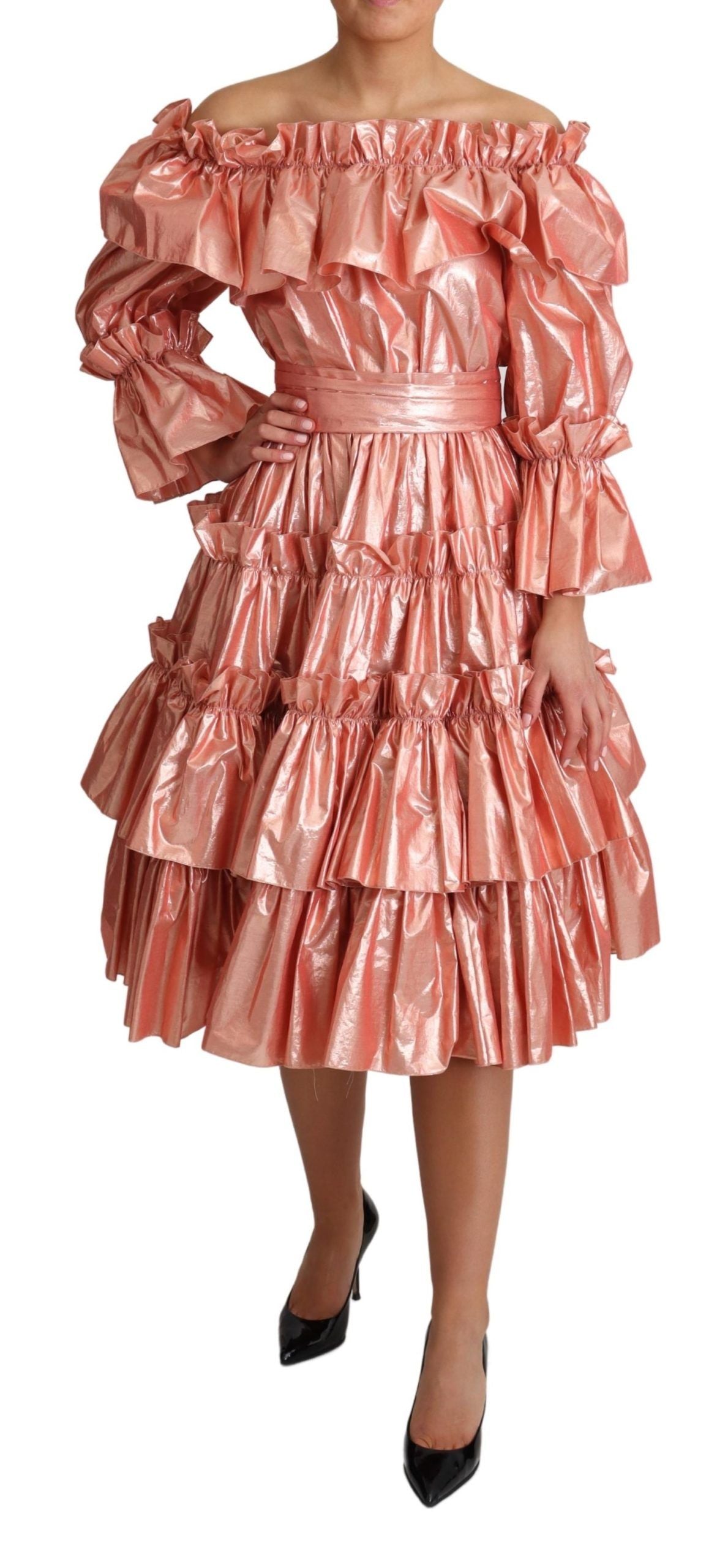 Dolce & Gabbana Pink Ruffled Dress Silk Cotton Gown Dress LUNESCAPE
