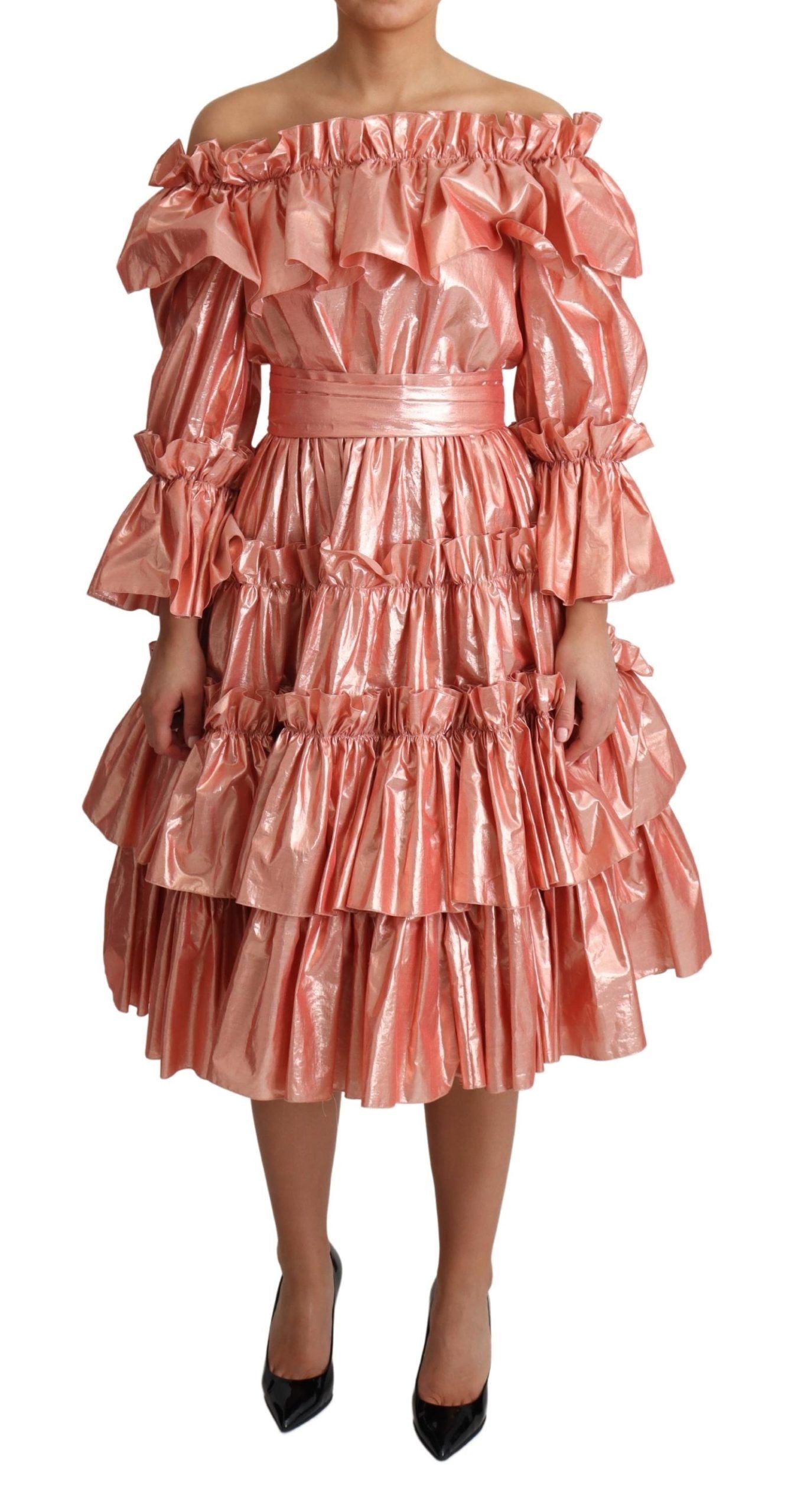 Dolce & Gabbana Pink Ruffled Dress Silk Cotton Gown Dress LUNESCAPE