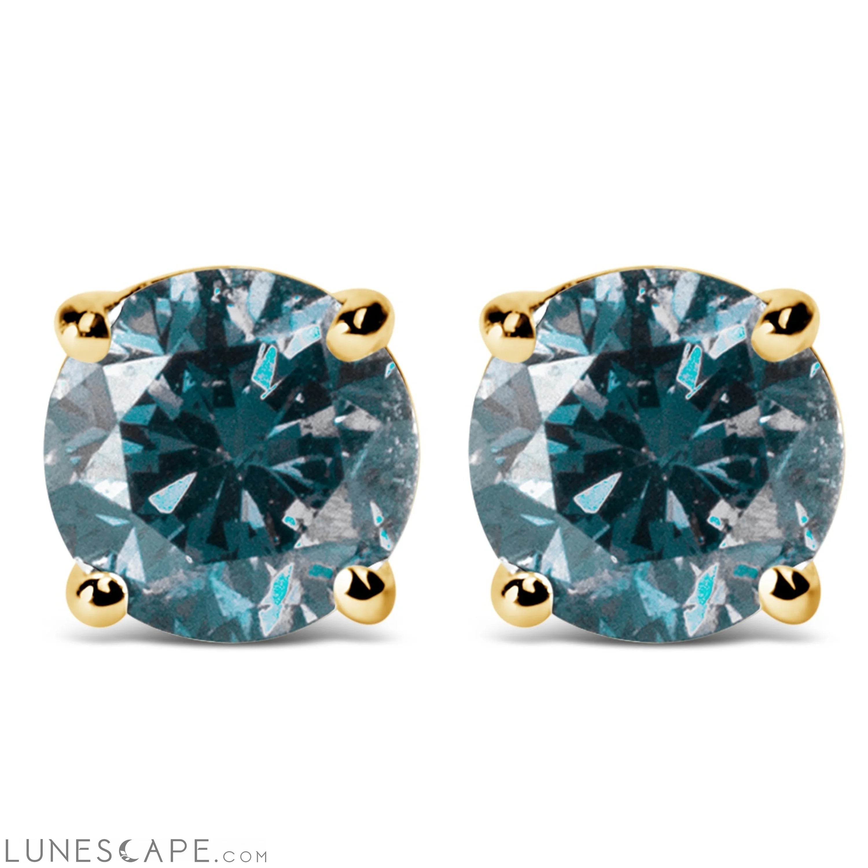 14K Gold Brilliant Cut Lab Grown Blue Diamond Solitaire Stud Earrings Screwbacks LUNESCAPE