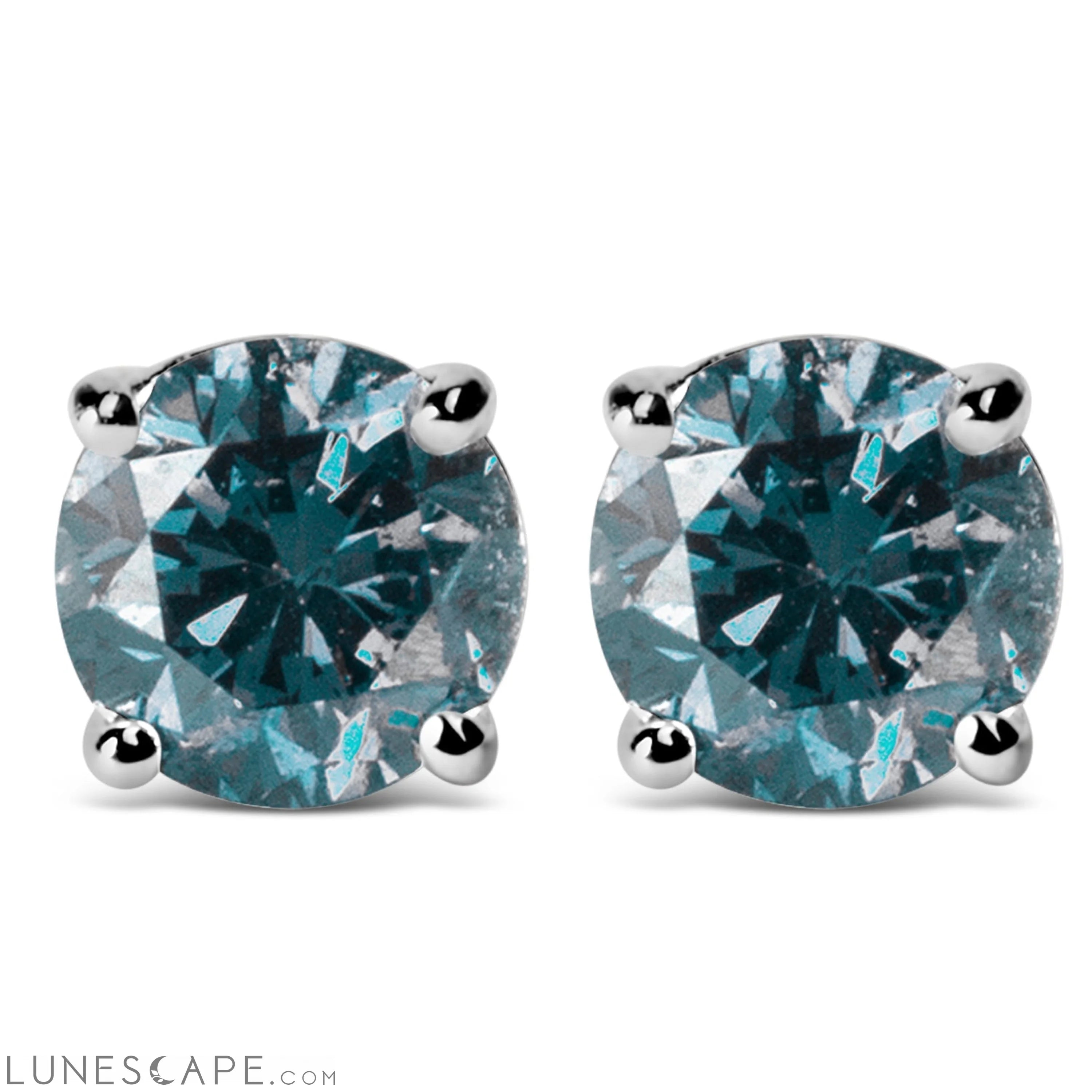 14K Gold Brilliant Cut Lab Grown Blue Diamond Solitaire Stud Earrings Screwbacks LUNESCAPE
