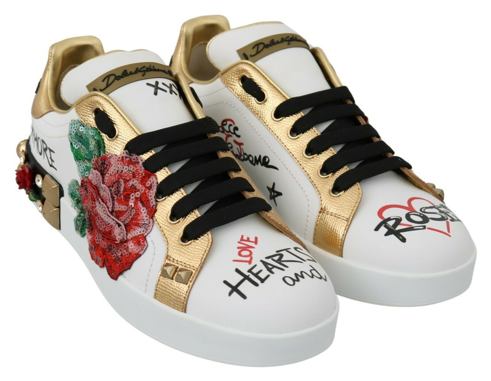 Dolce & Gabbana White Roses Sequined Crystal Womens Sneakers Shoes LUNESCAPE