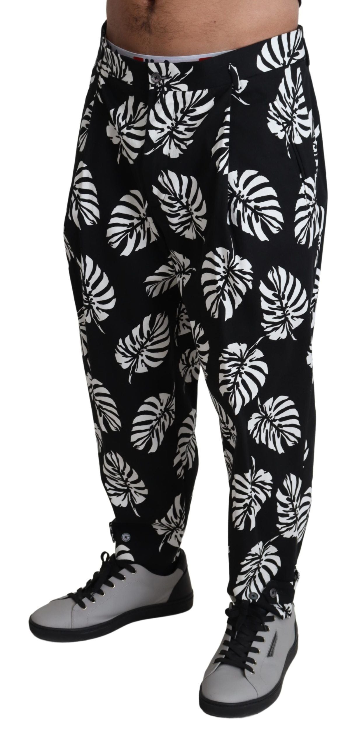 Dolce & Gabbana Black Leaf Cotton Stretch Trouser Pants Pants LUNESCAPE