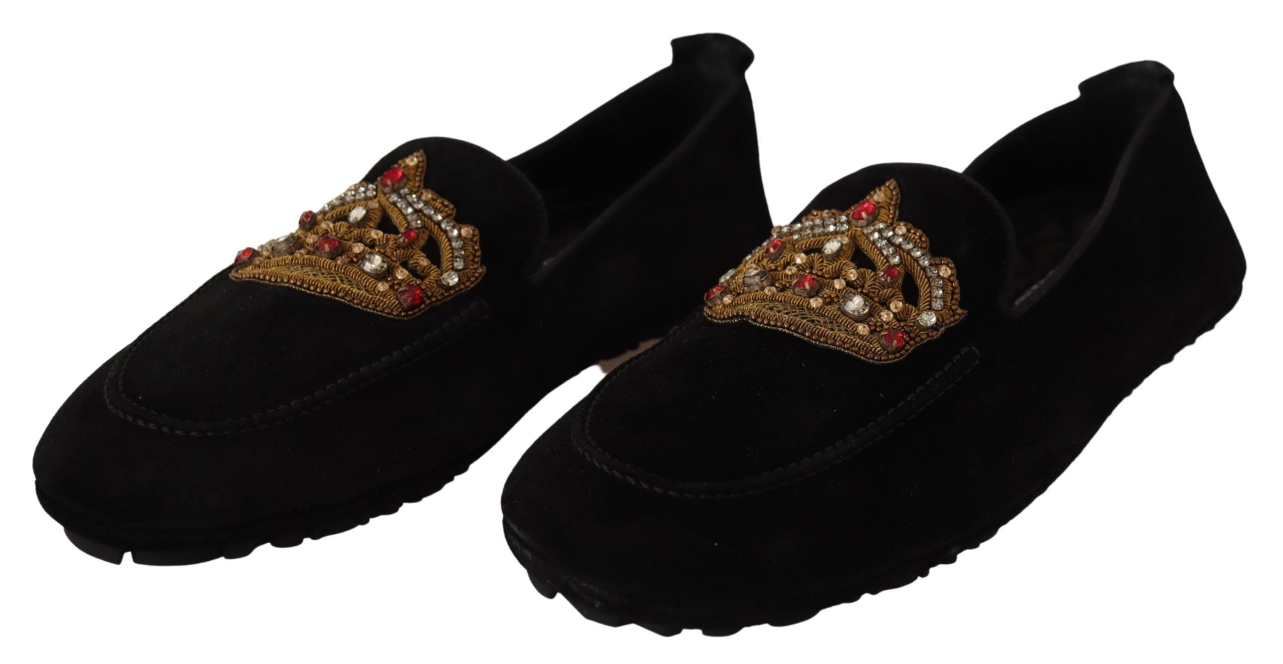 Dolce & Gabbana Black Leather Crystal Gold Crown Loafers Shoes LUNESCAPE