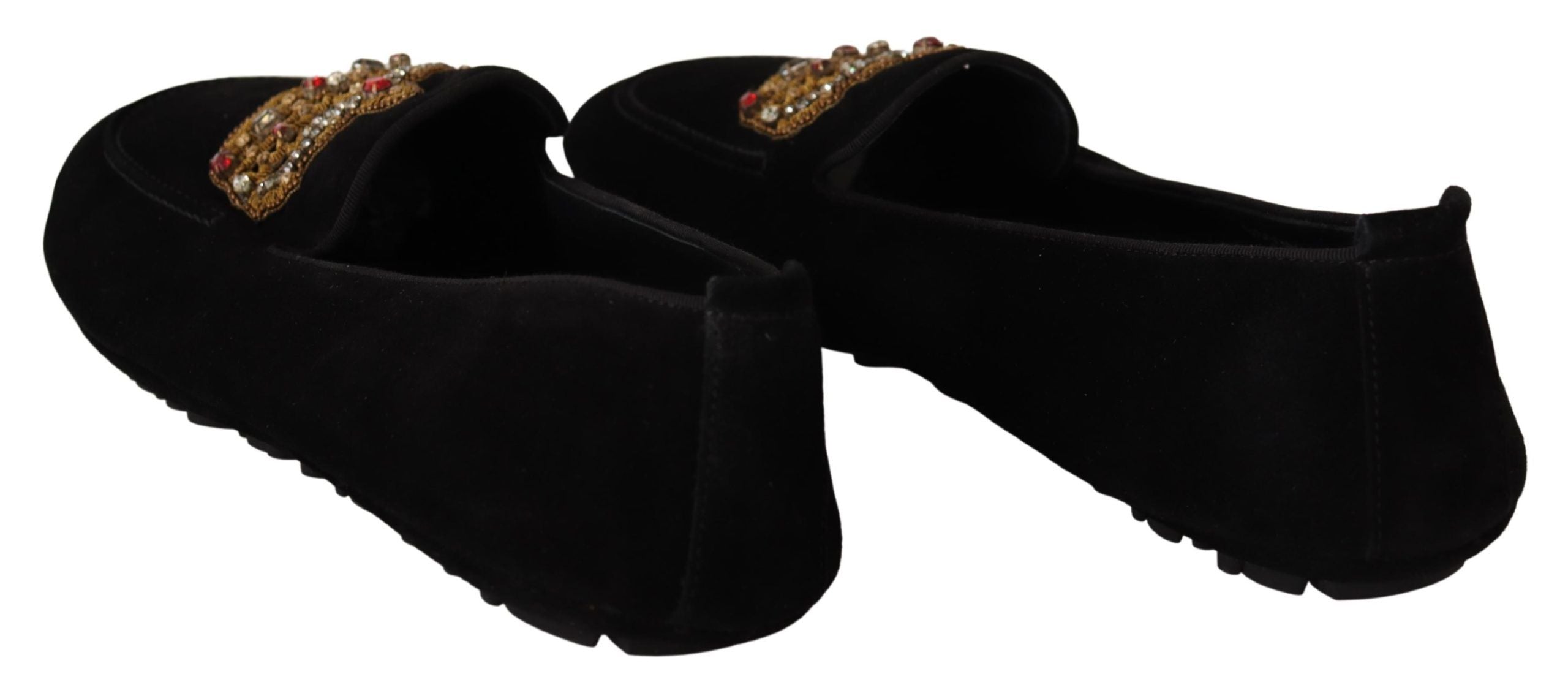 Dolce & Gabbana Black Leather Crystal Gold Crown Loafers Shoes LUNESCAPE