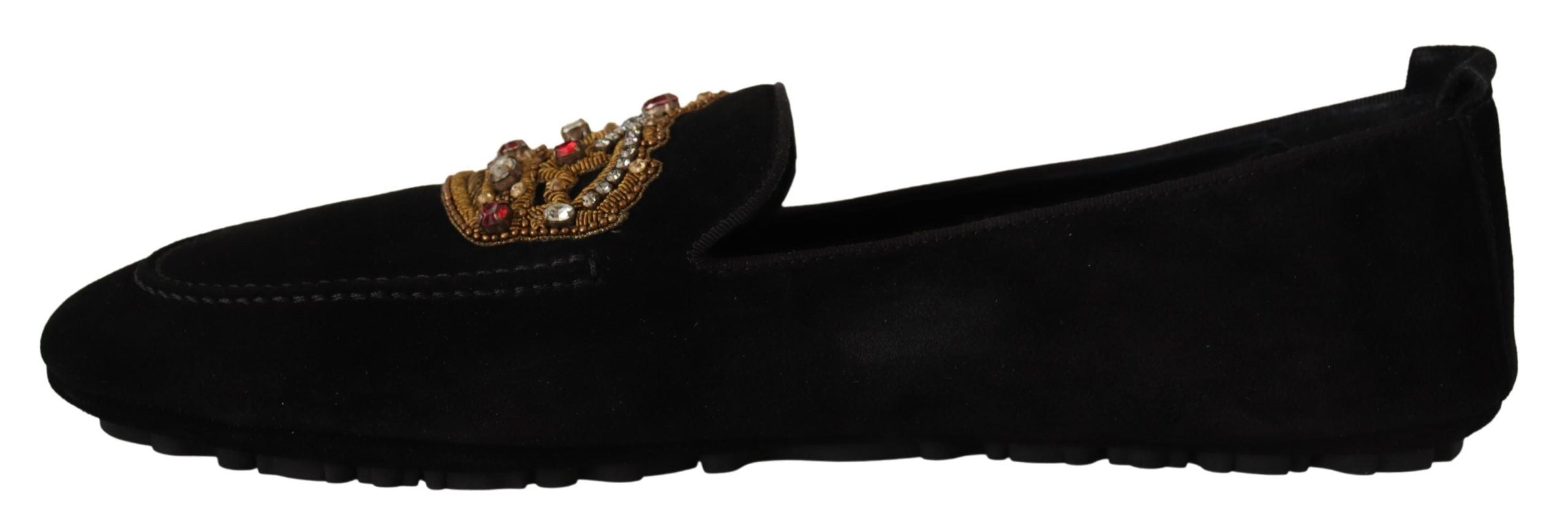Dolce & Gabbana Black Leather Crystal Gold Crown Loafers Shoes LUNESCAPE
