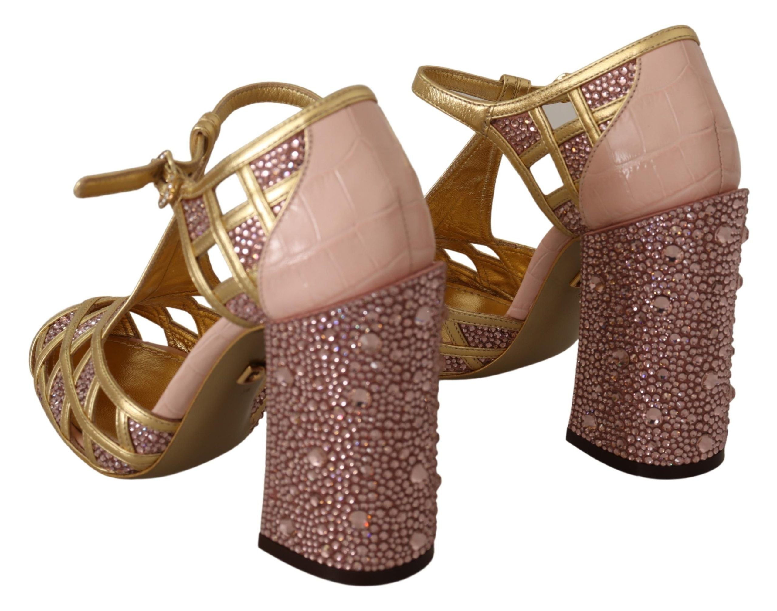 Dolce & Gabbana Pink Gold Leather Crystal Pumps T-strap Shoes LUNESCAPE
