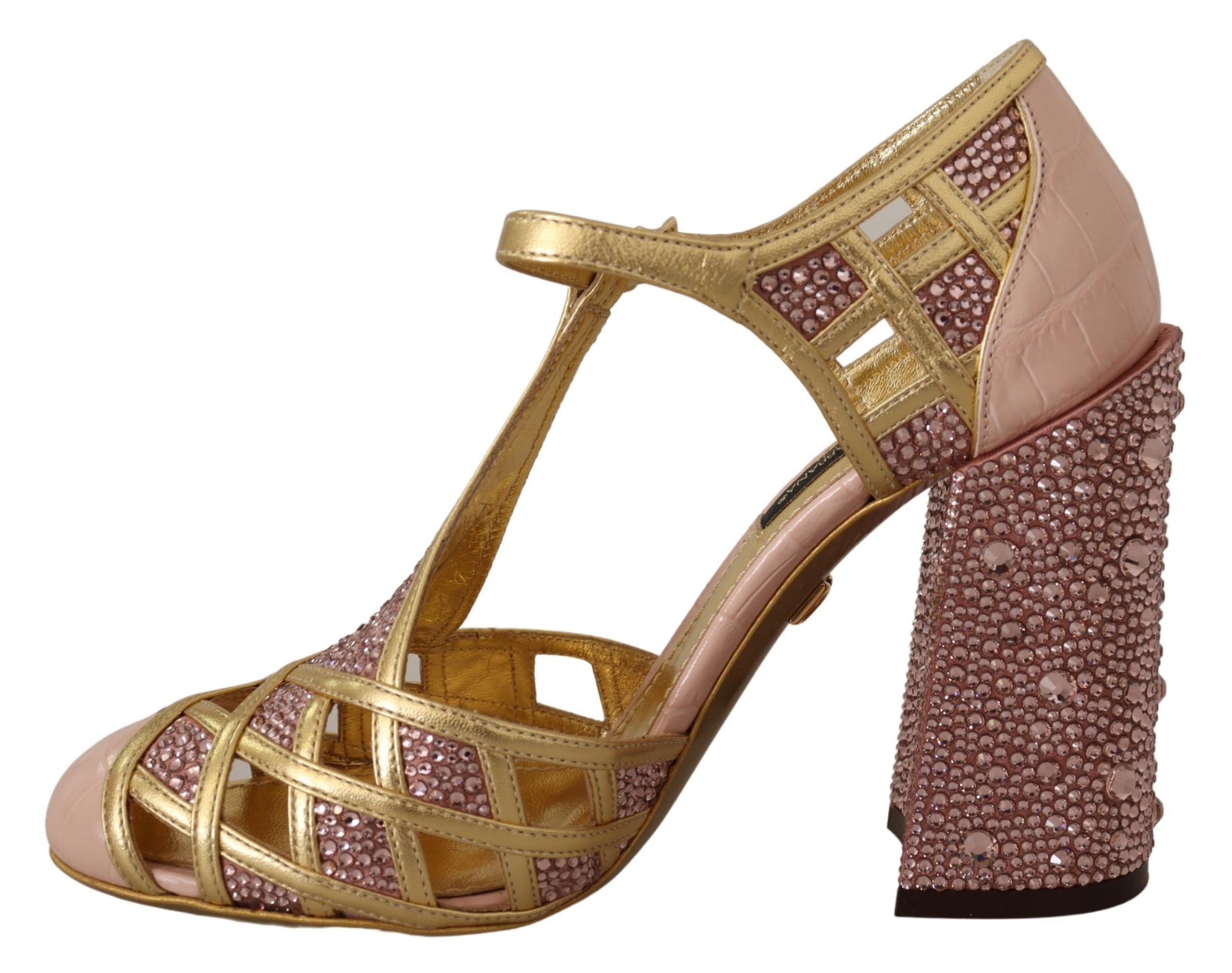 Dolce & Gabbana Pink Gold Leather Crystal Pumps T-strap Shoes LUNESCAPE
