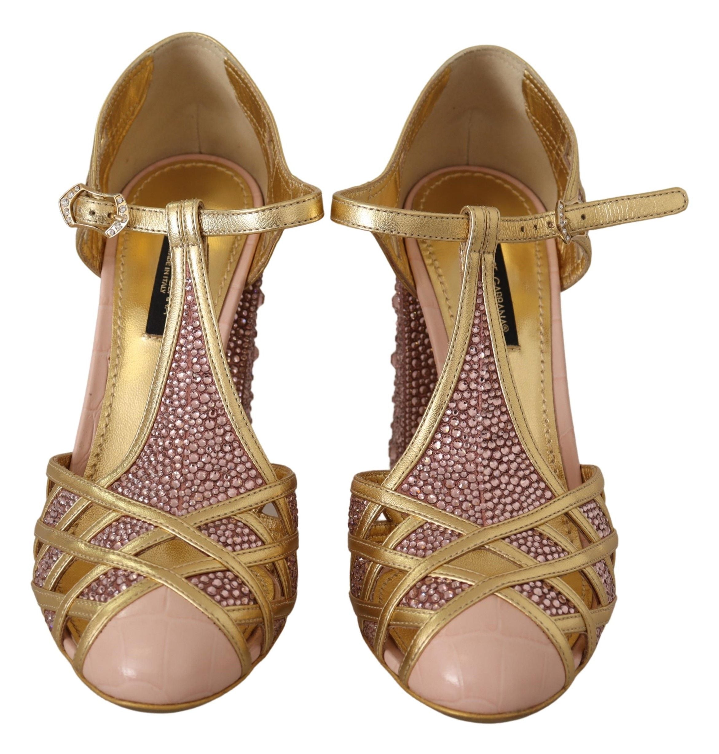 Dolce & Gabbana Pink Gold Leather Crystal Pumps T-strap Shoes LUNESCAPE