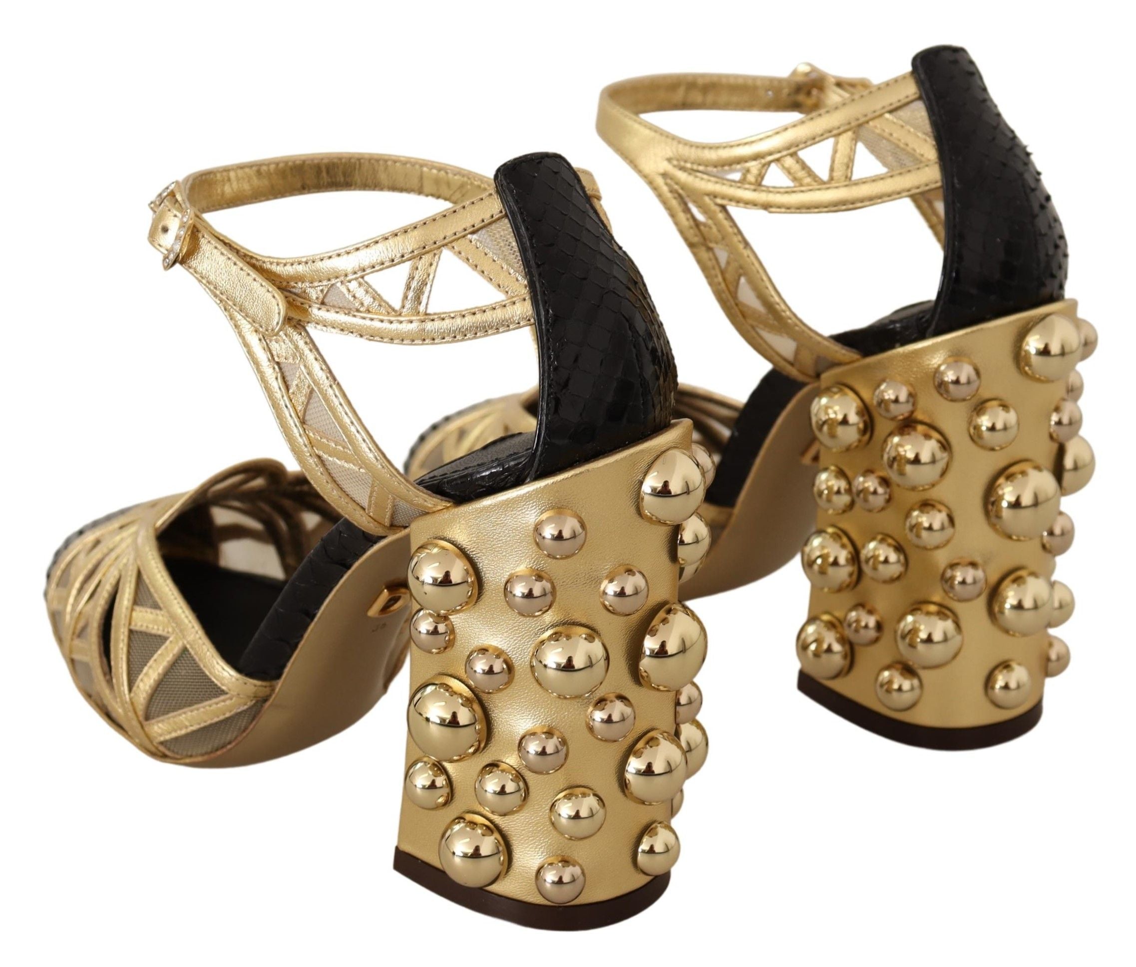 Dolce & Gabbana Black Gold Leather Studded Ankle Straps Shoes LUNESCAPE