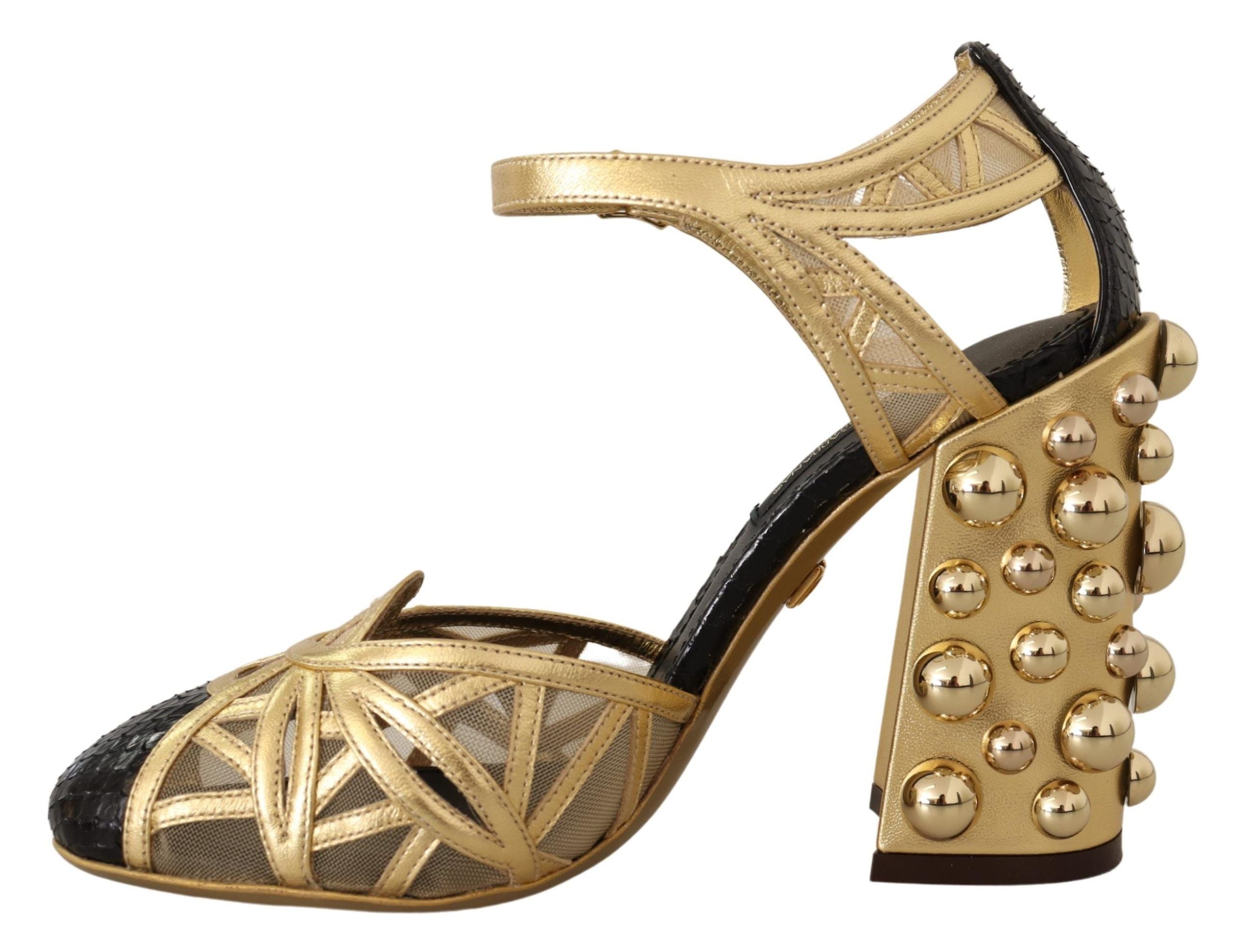 Dolce & Gabbana Black Gold Leather Studded Ankle Straps Shoes LUNESCAPE