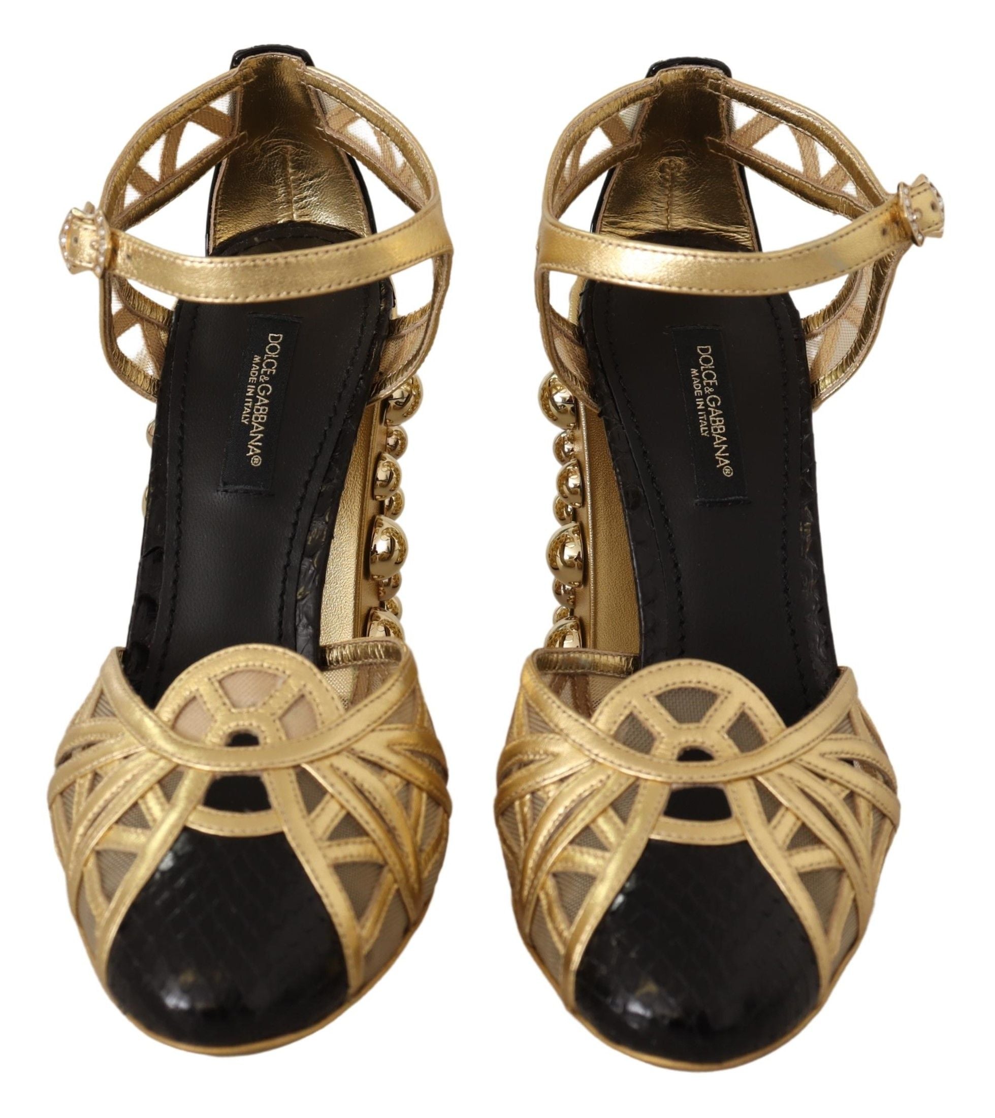 Dolce & Gabbana Black Gold Leather Studded Ankle Straps Shoes LUNESCAPE