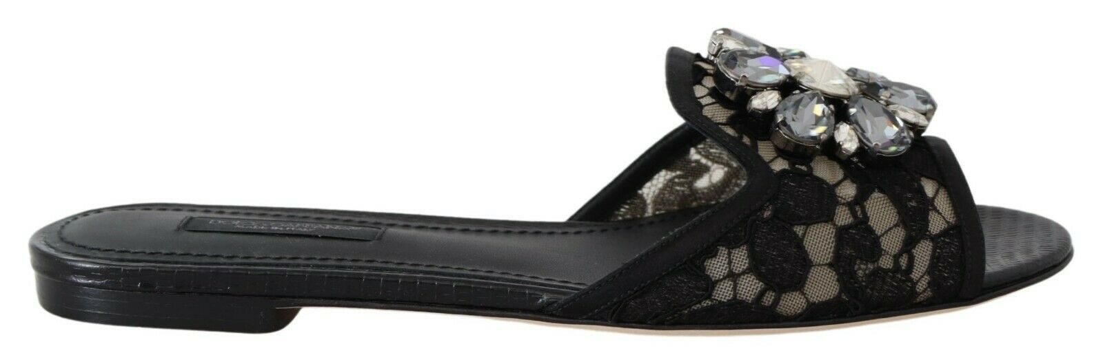 Dolce & Gabbana Black Taormina Lace Slides Crystals Flats Shoes LUNESCAPE
