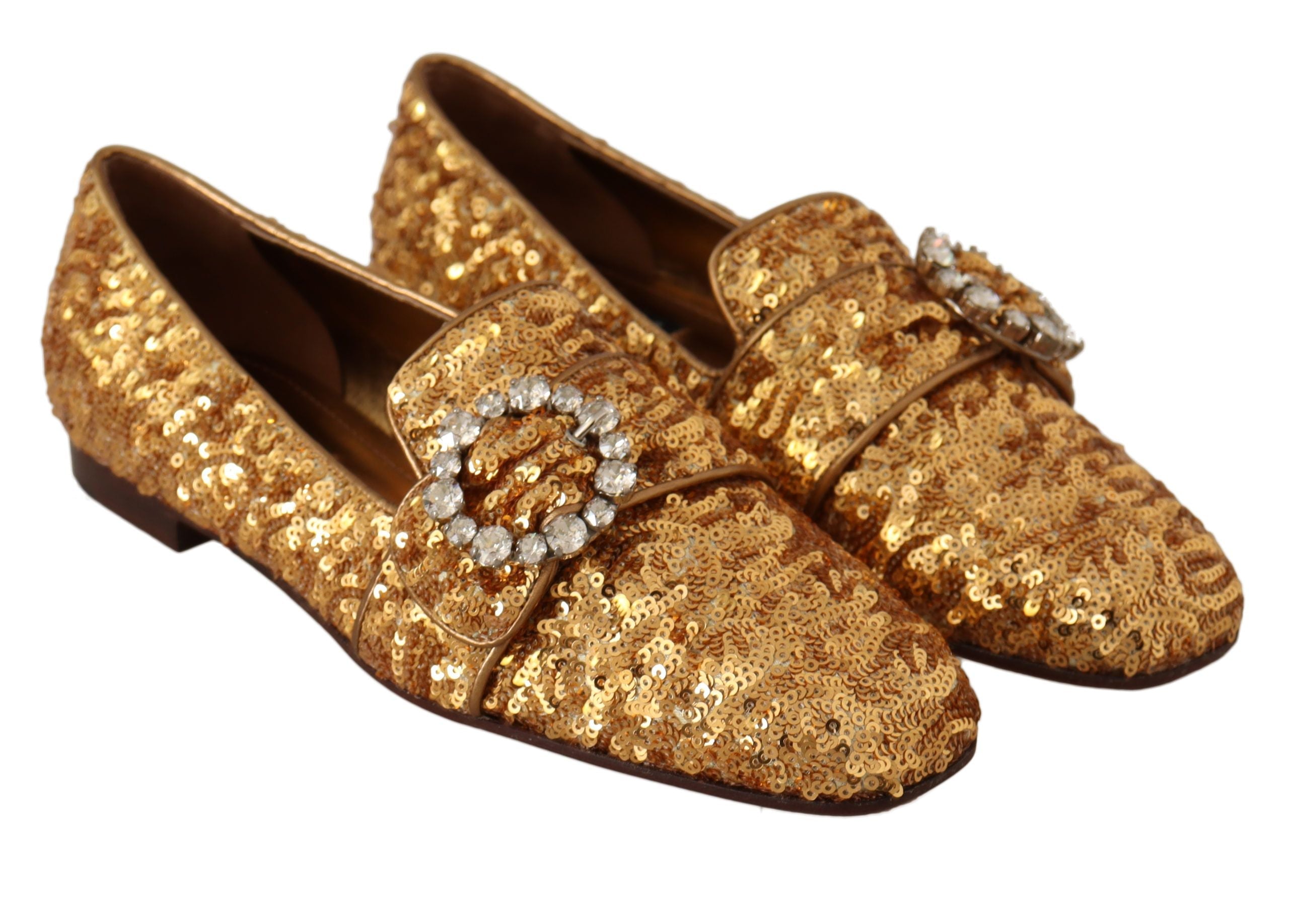Dolce & Gabbana Gold Sequin Crystal Flat Women Loafers Shoes LUNESCAPE