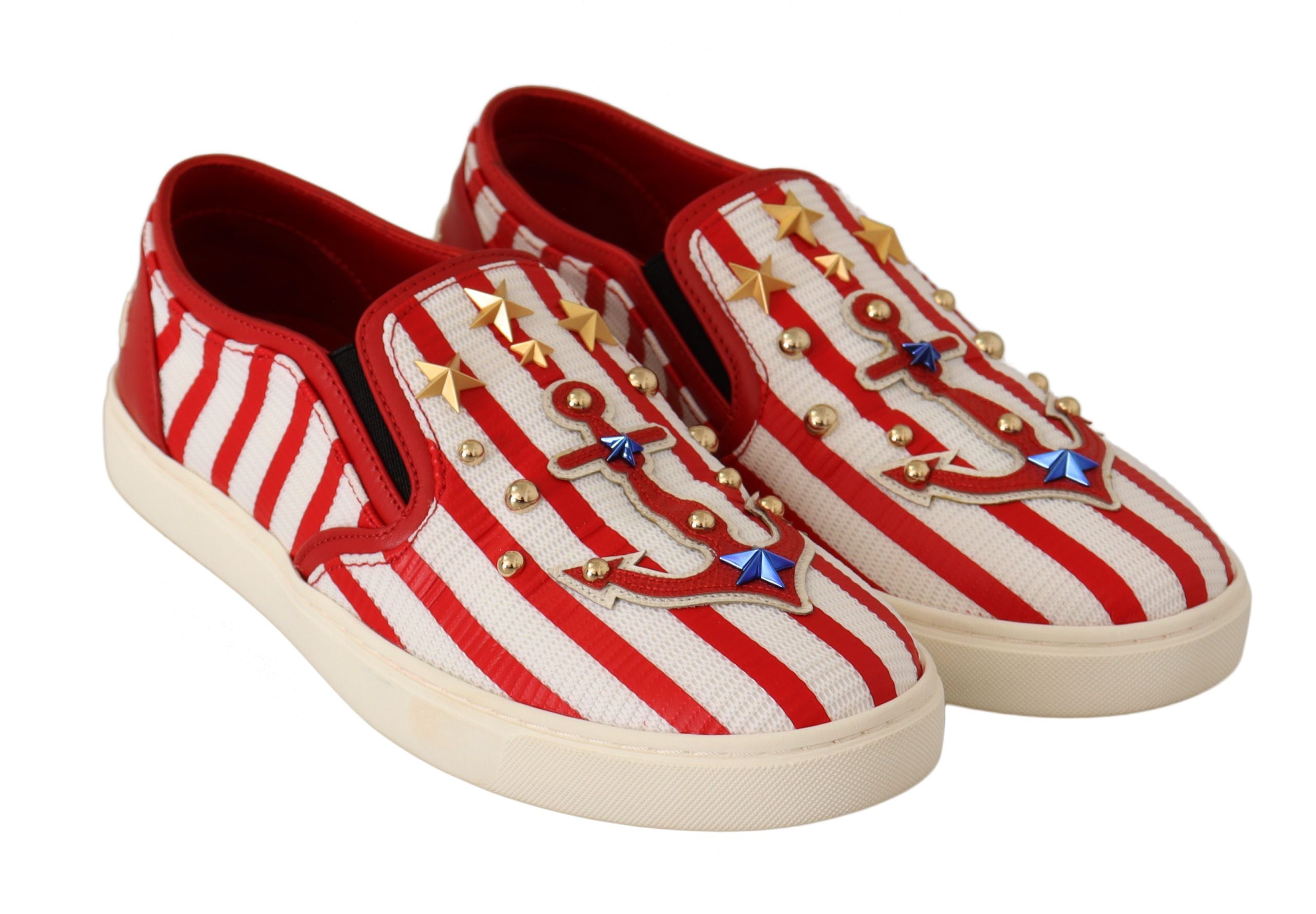 Dolce & Gabbana Red White Anchor Studded Loafers Shoes LUNESCAPE