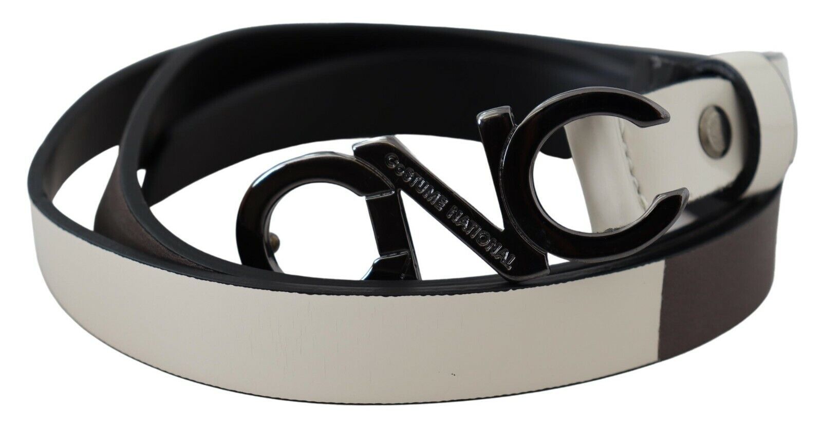 Costume National White Black Leather Letter Logo Buckle Belt LUNESCAPE