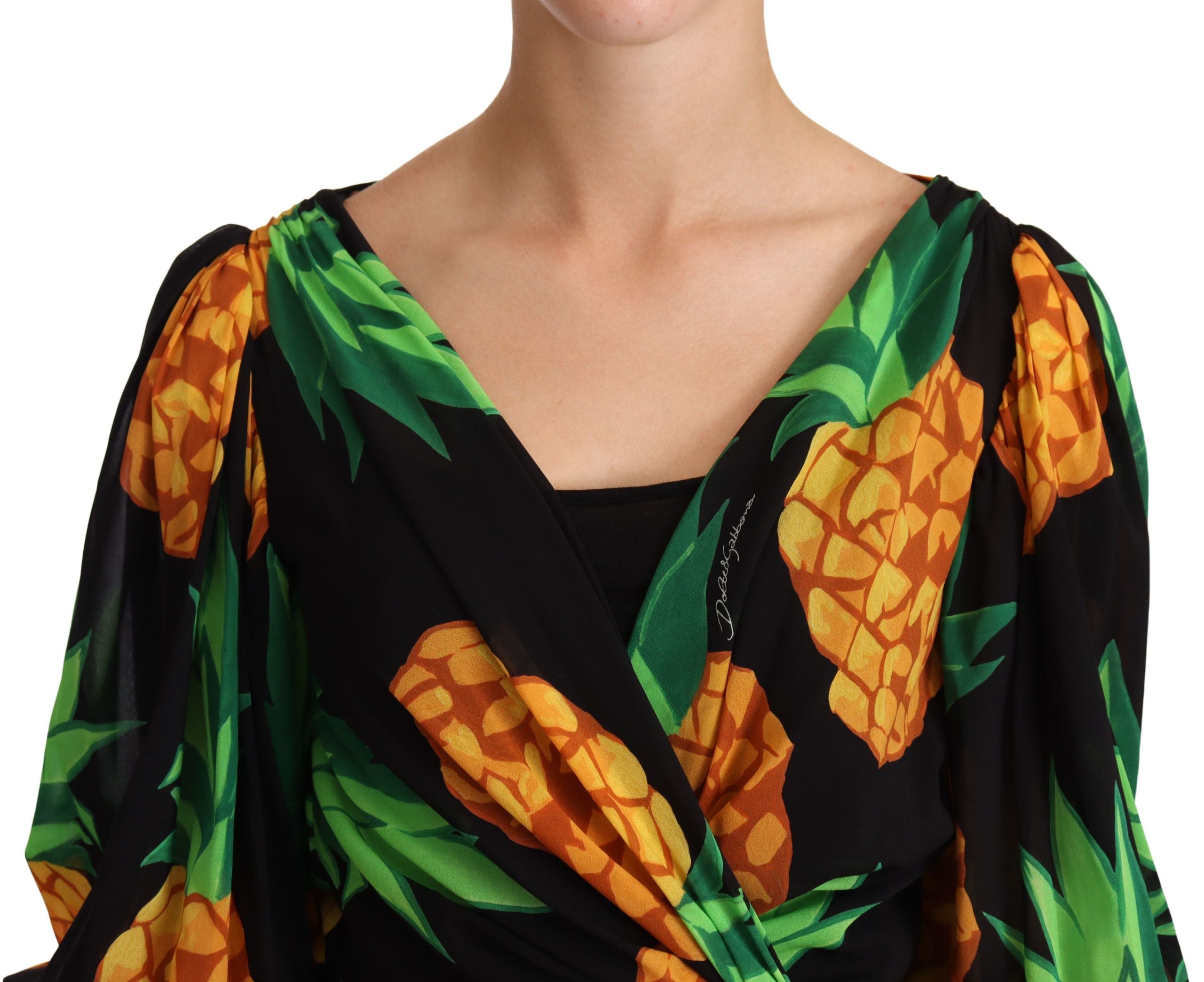 Dolce & Gabbana Black Ananas Print Wrap Stretch Silk Dress LUNESCAPE