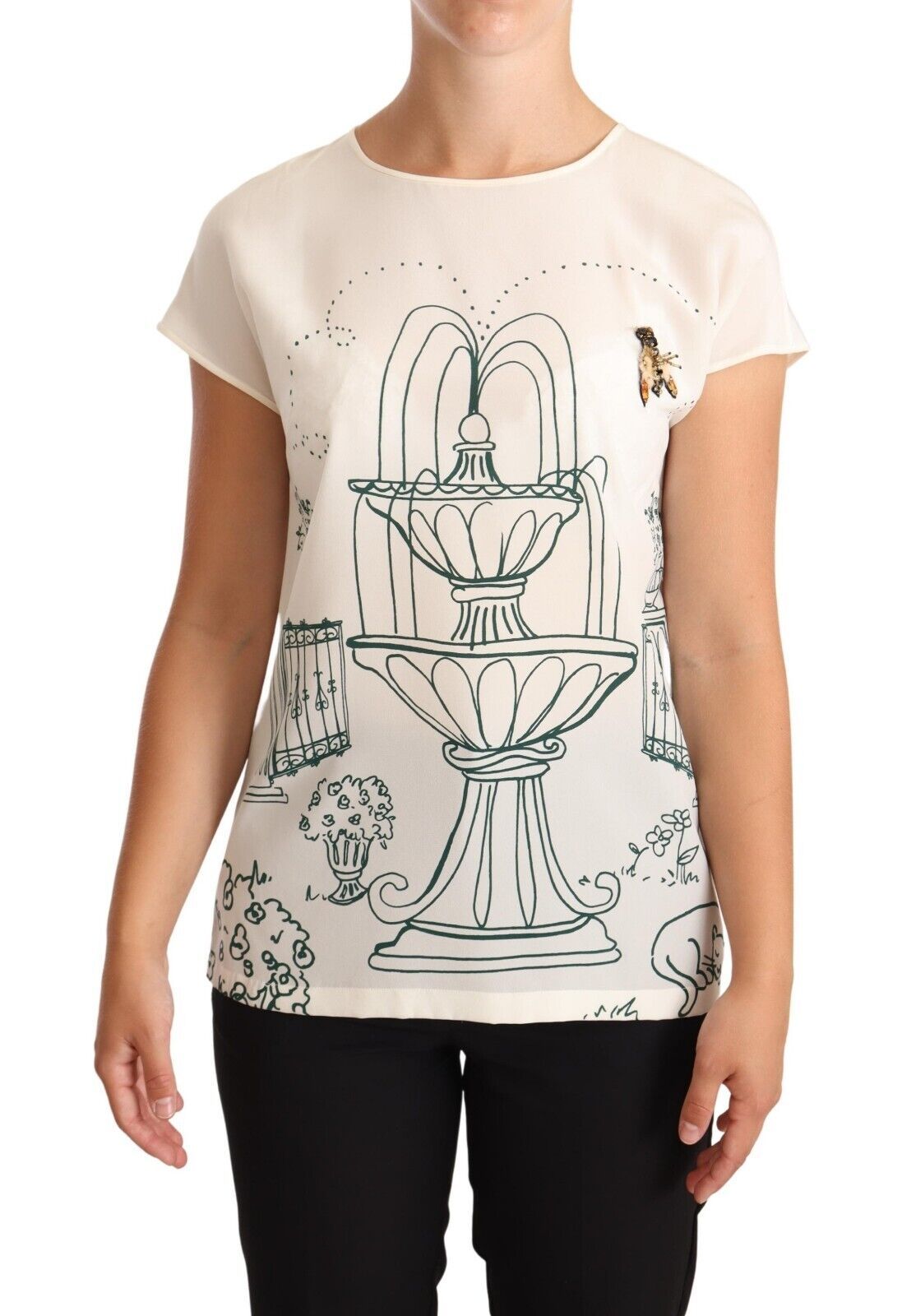 Dolce & Gabbana White Silk Garden Fountain T-Shirt Blouse LUNESCAPE