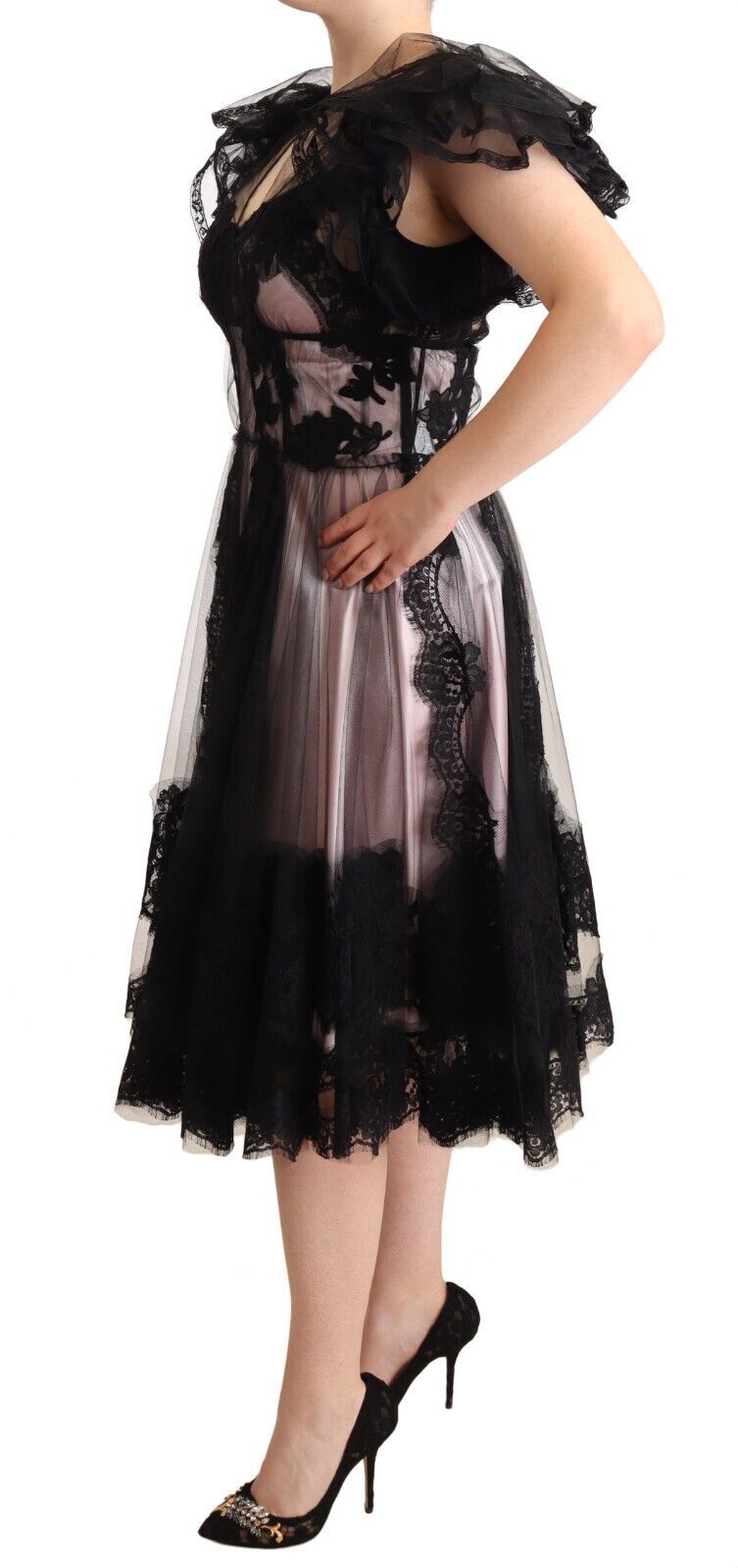 Dolce & Gabbana Black Pink Floral Lace A-line Midi Sheer Dress LUNESCAPE