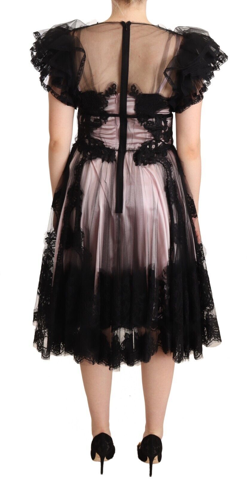 Dolce & Gabbana Black Pink Floral Lace A-line Midi Sheer Dress LUNESCAPE
