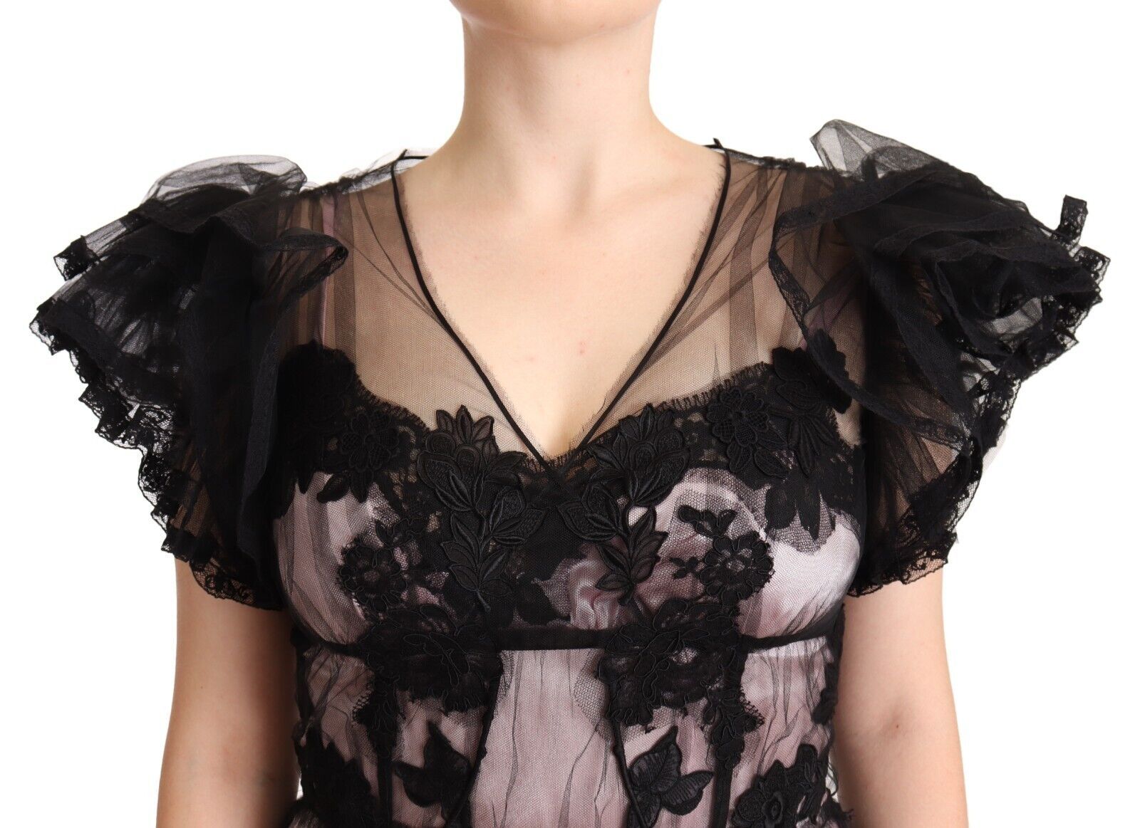 Dolce & Gabbana Black Pink Floral Lace A-line Midi Sheer Dress LUNESCAPE