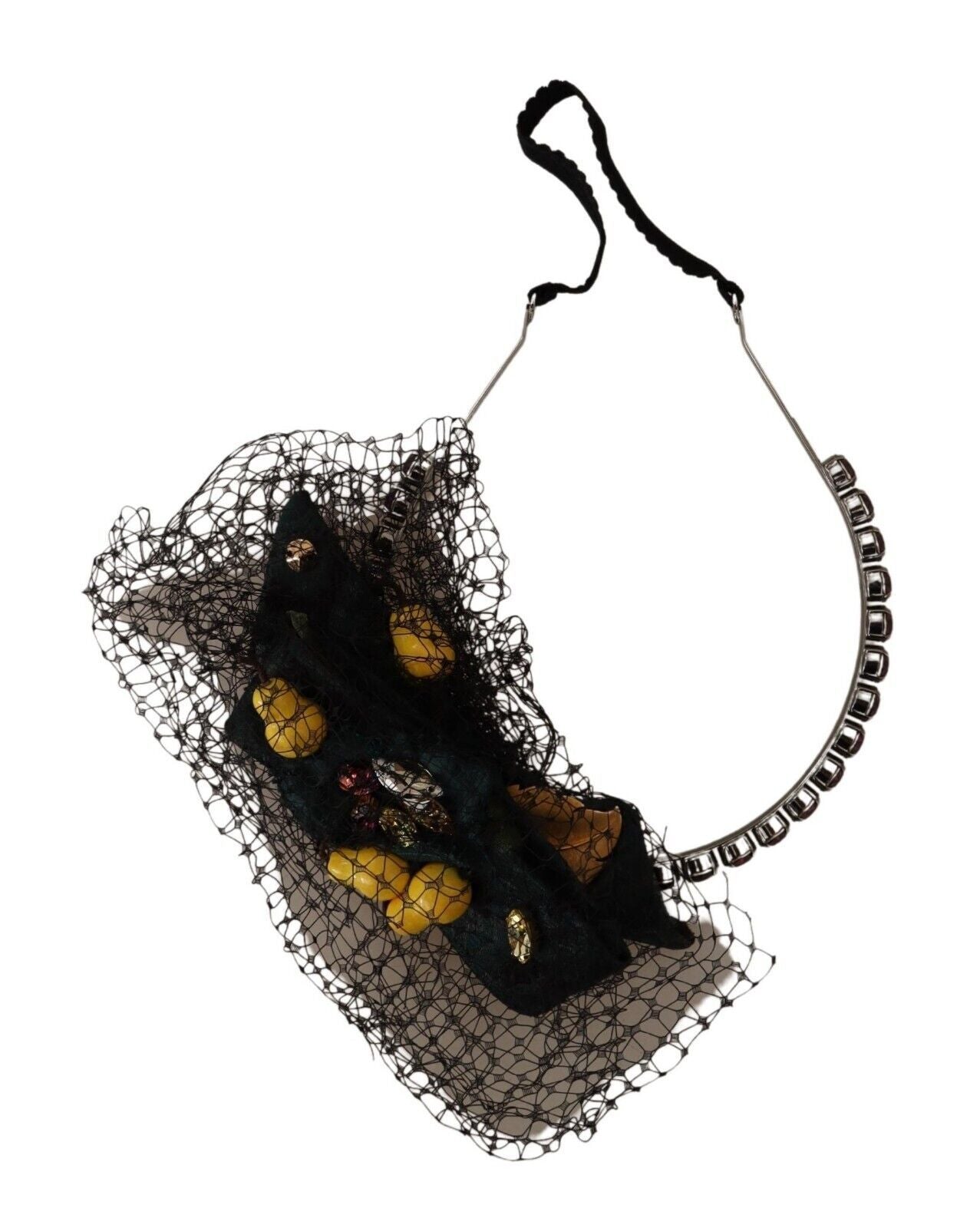 Dolce & Gabbana Silver Tiara Crystals Fruits Black Mesh Diadem Headband LUNESCAPE