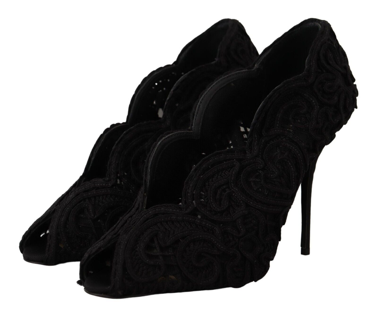 Dolce & Gabbana Black Cordonetto Ricamo Pump Open Toe Shoes LUNESCAPE