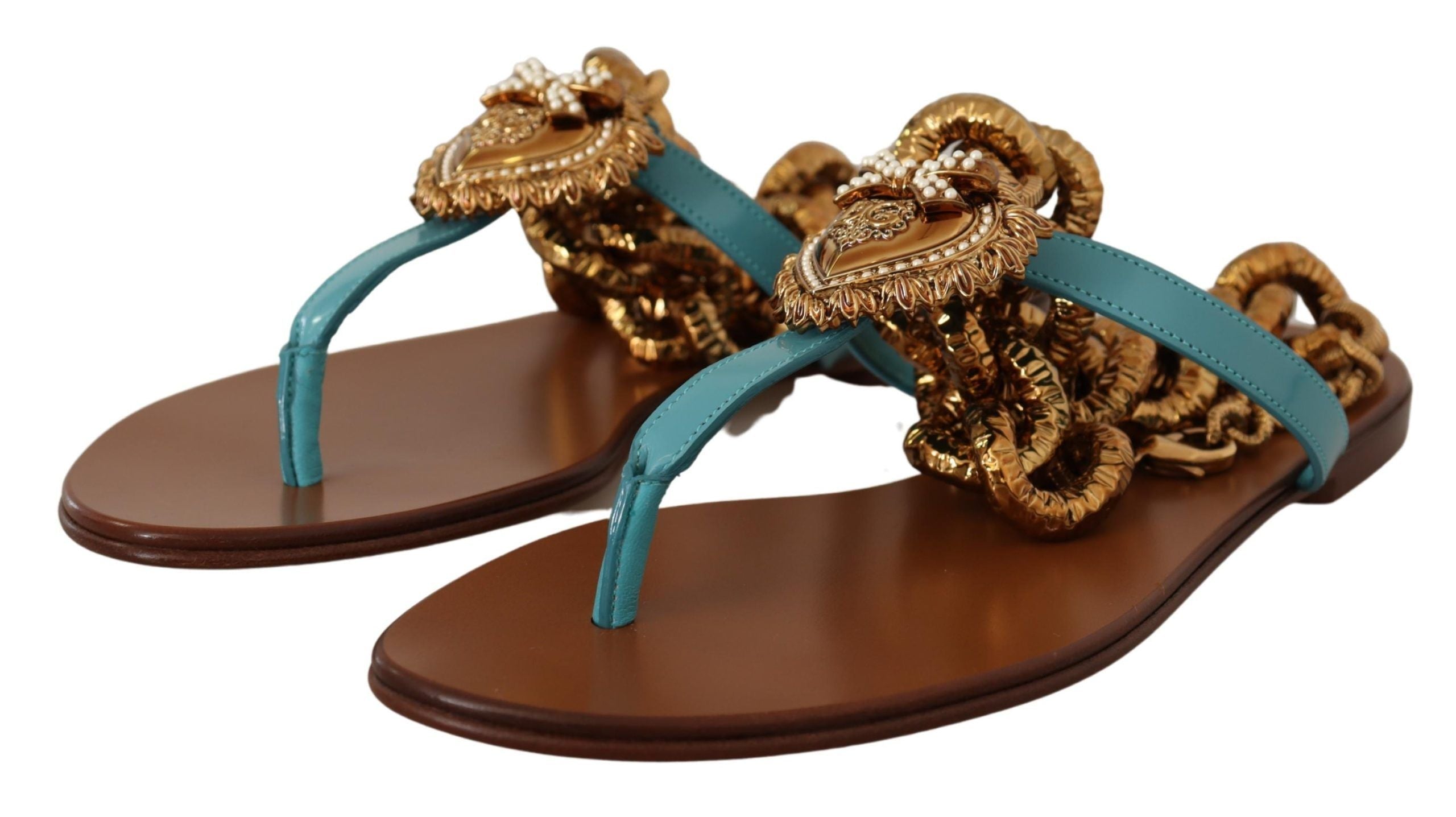 Dolce & Gabbana Blue Leather Devotion Flats Sandals LUNESCAPE
