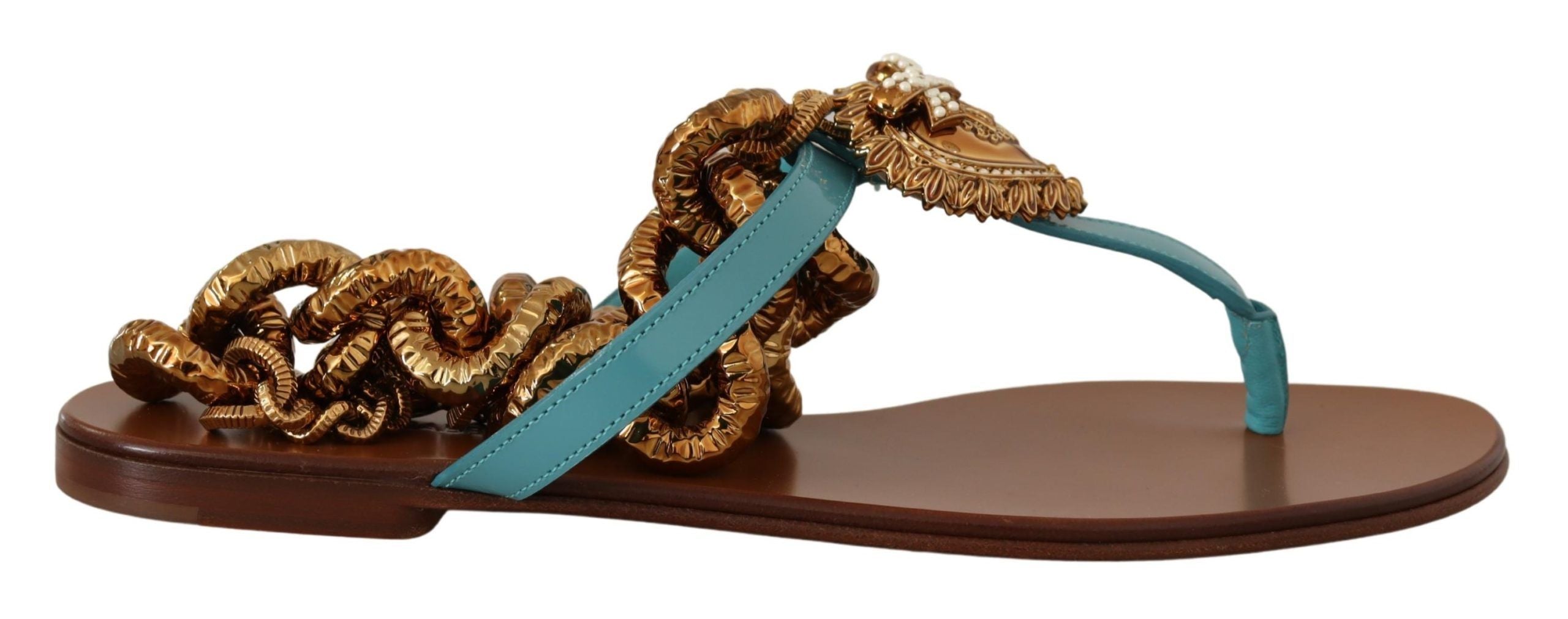 Dolce & Gabbana Blue Leather Devotion Flats Sandals LUNESCAPE