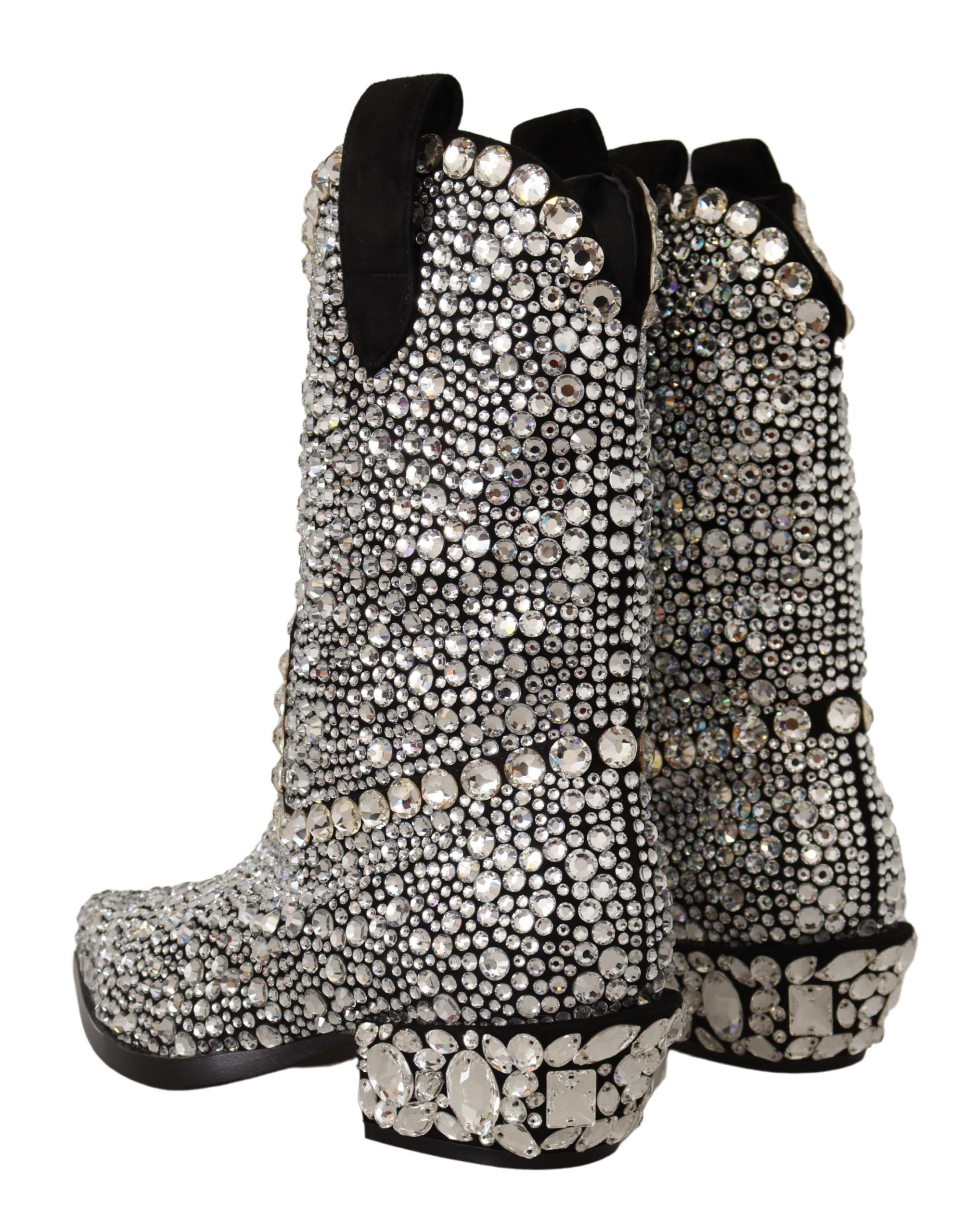 Dolce & Gabbana Black Suede Strass Crystal Cowgirl Boots LUNESCAPE